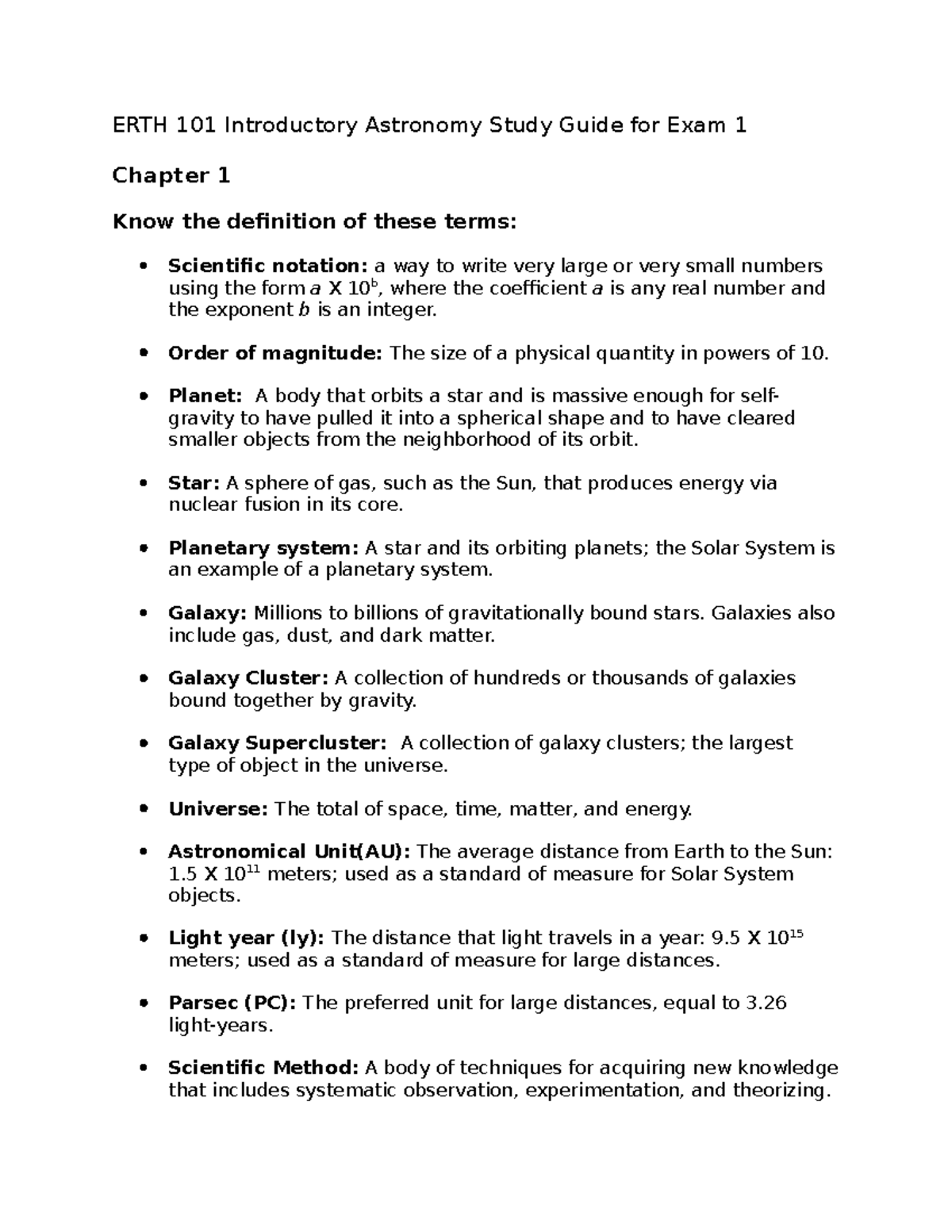 ERTH 101 Study Guide for Exam 1 - ERTH 101 Introductory Astronomy Study ...
