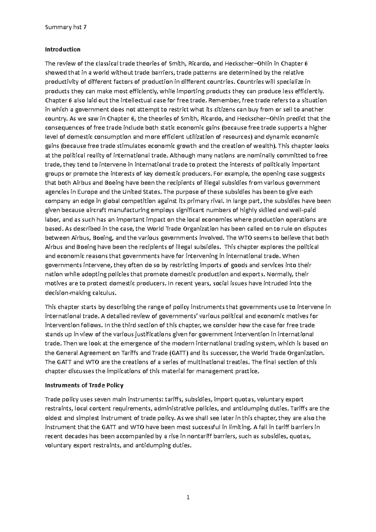 Summary hfst 7 government policy nd international trade 7j SP ...