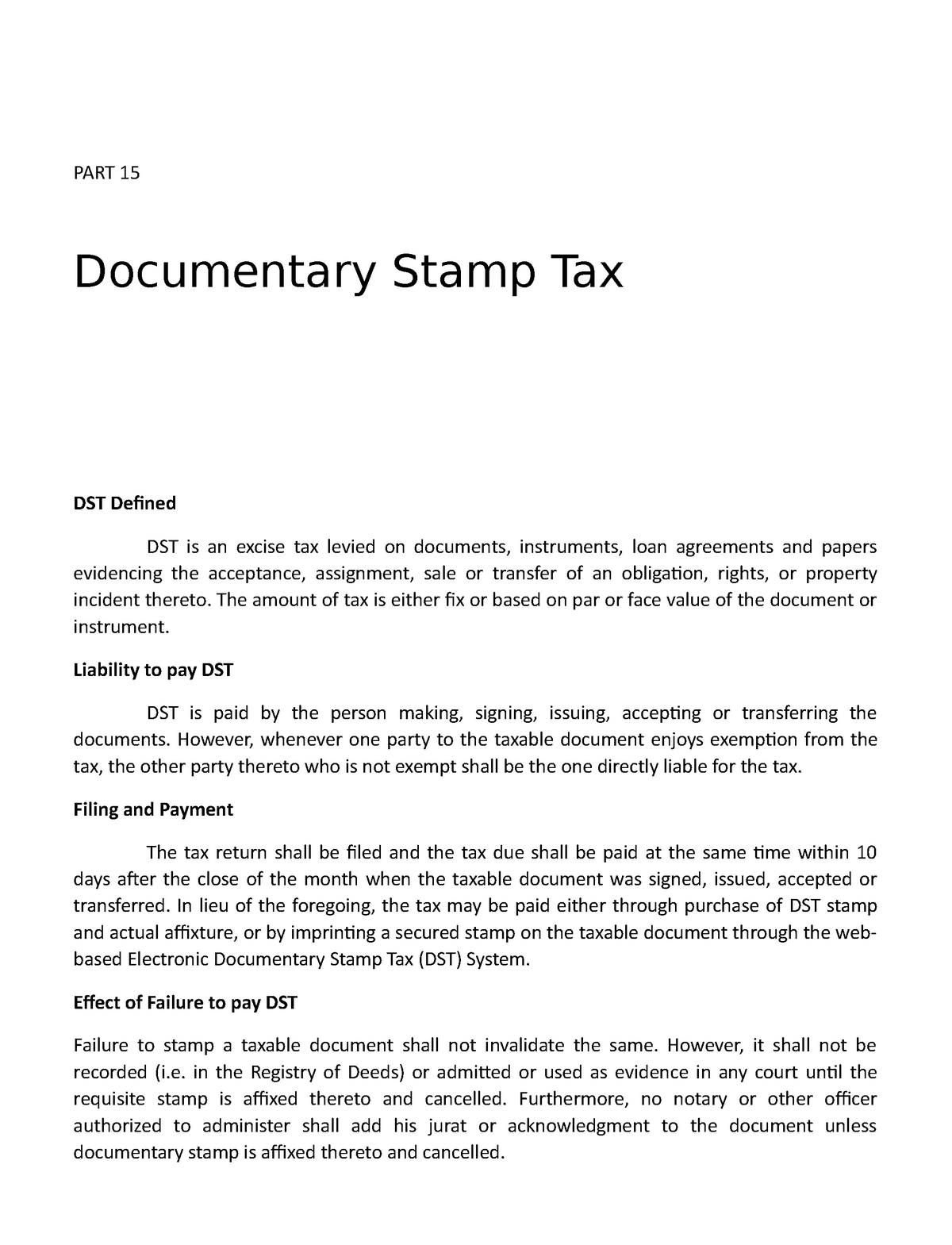 15 Documentary Stamp Tax PART 15 Documentary Stamp Tax DST Defined 