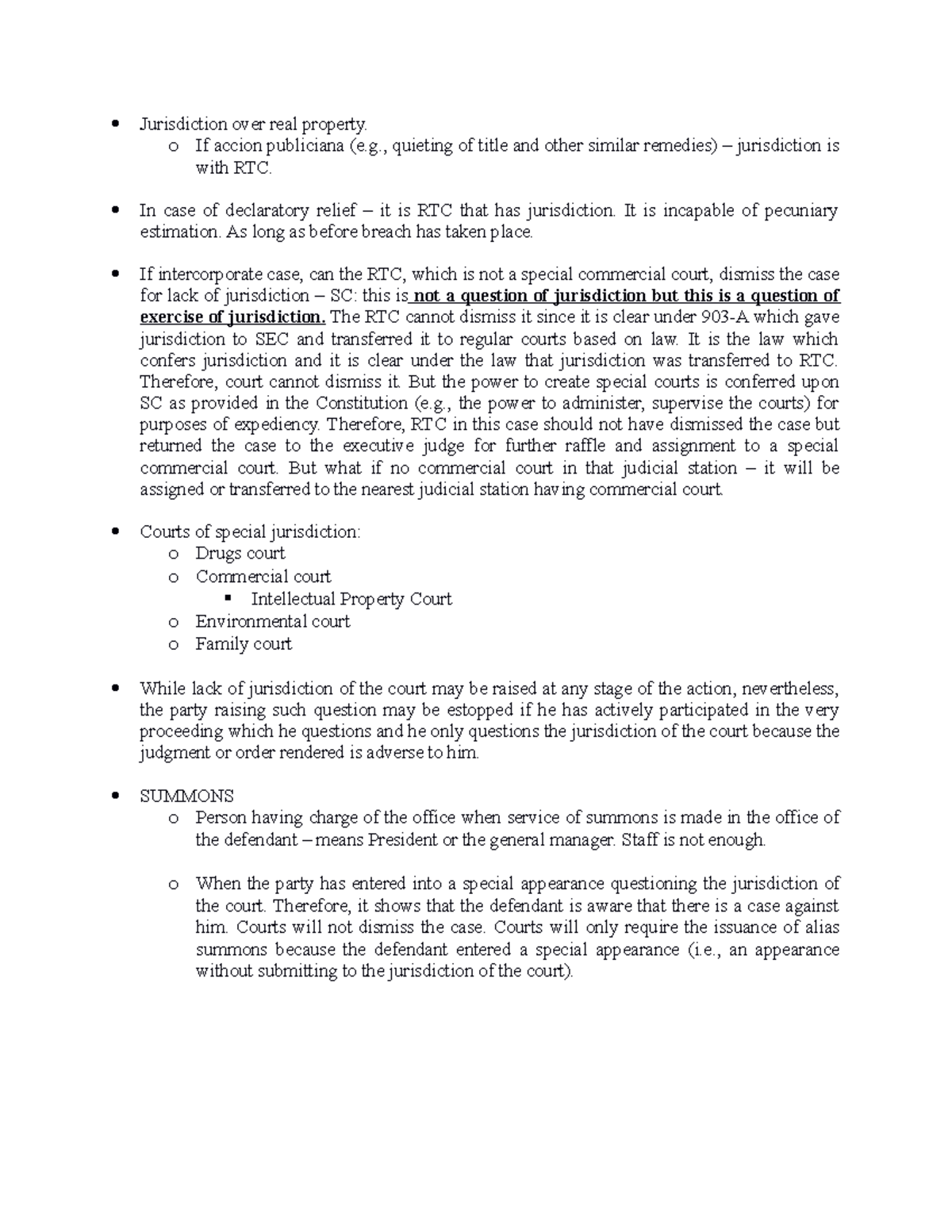 Rem Rev 3 - Corporate Law 3 - Jurisdiction over real property. o If ...