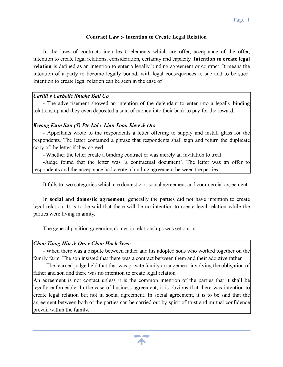 contract law essay on intention to create legal relations