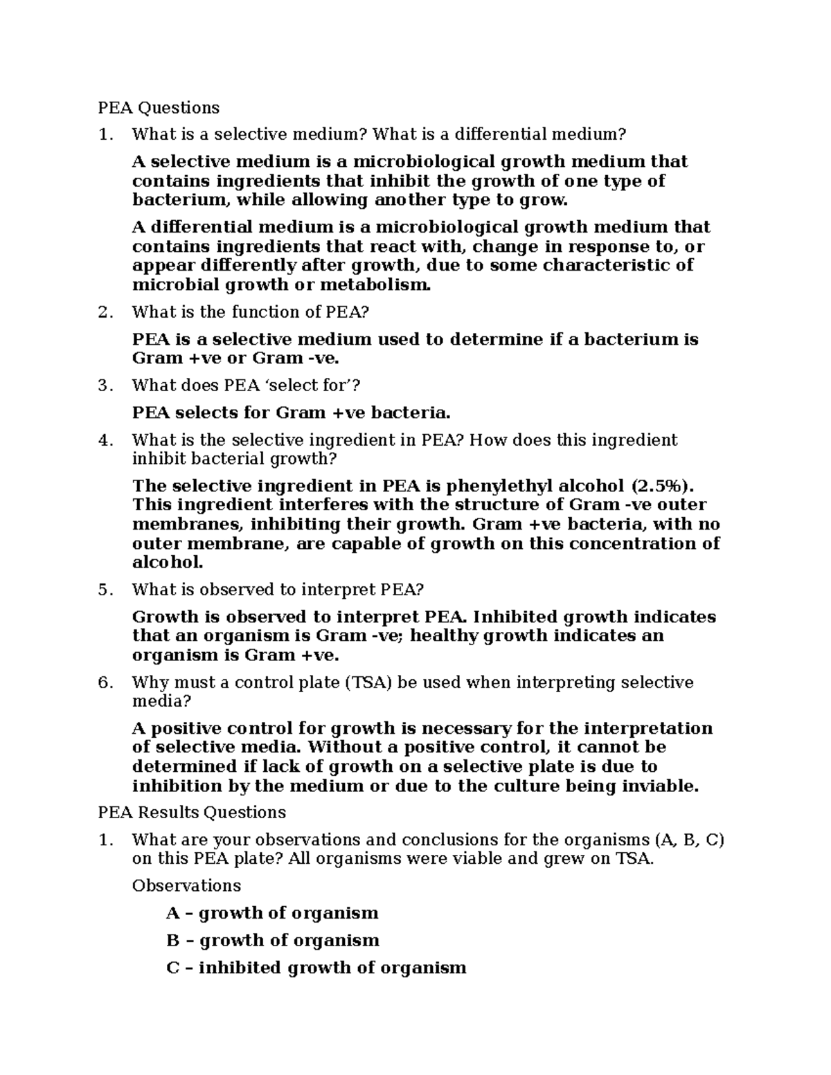 Example Answers to PEA, MSA, MAC, and Thioglycolate Questions PEA