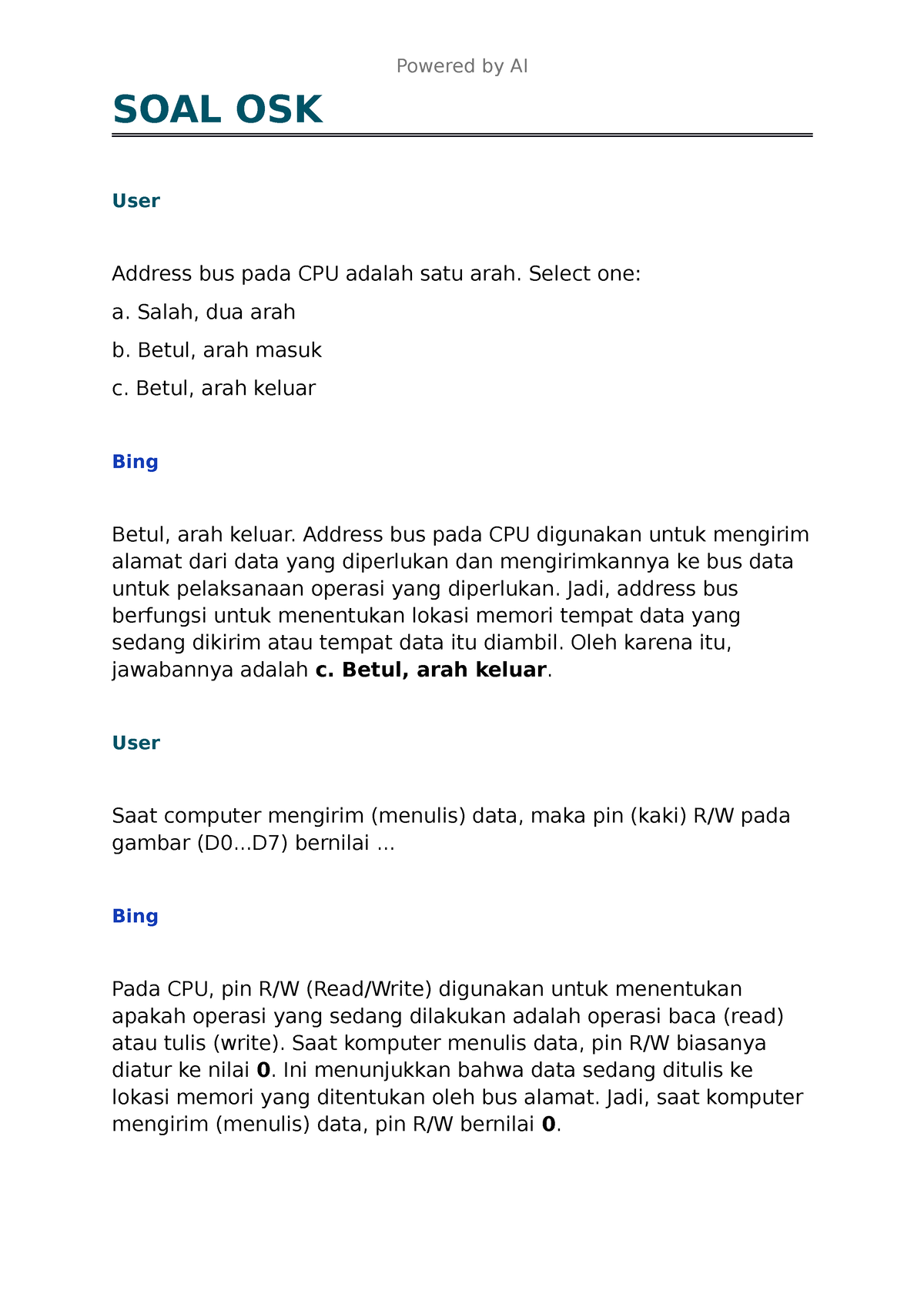 Soal Osk 2 - SOAL OSK - SOAL OSK User Address Bus Pada CPU Adalah Satu ...