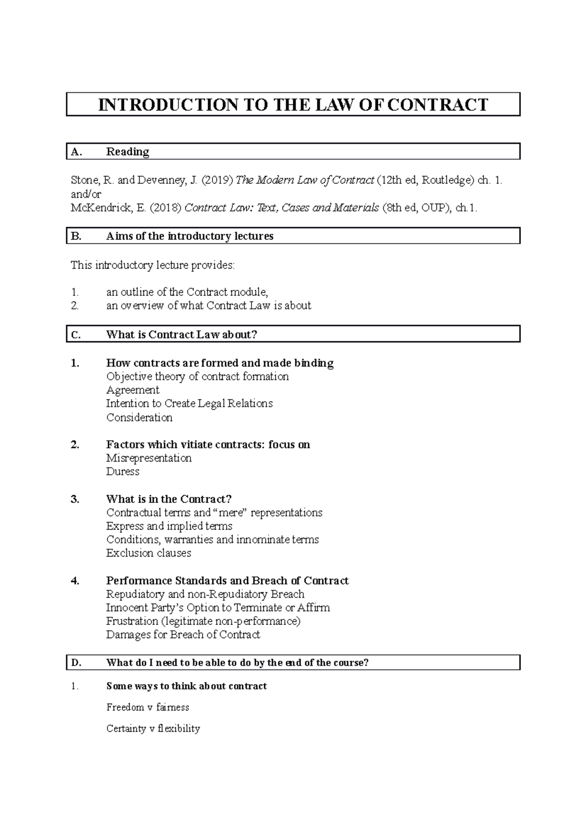 Offer and Acceptance Lectures - INTRODUCTION TO THE LAW OF CONTRACT A ...