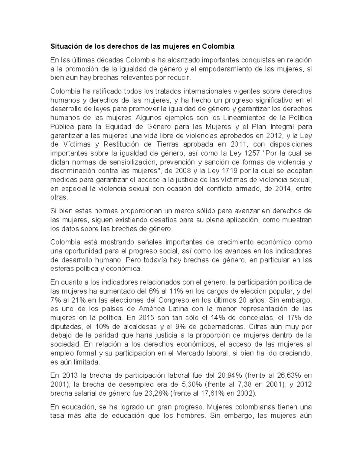 Situación de los derechos de las mujeres en Colombia - Colombia ha ...