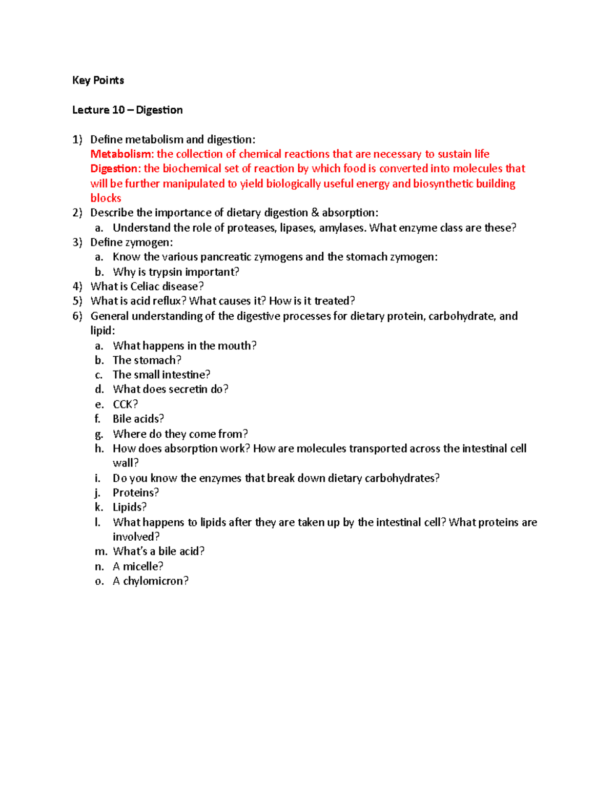 Lecture 10 Key Notes - Key Points Lecture 10 – Digestion Define ...