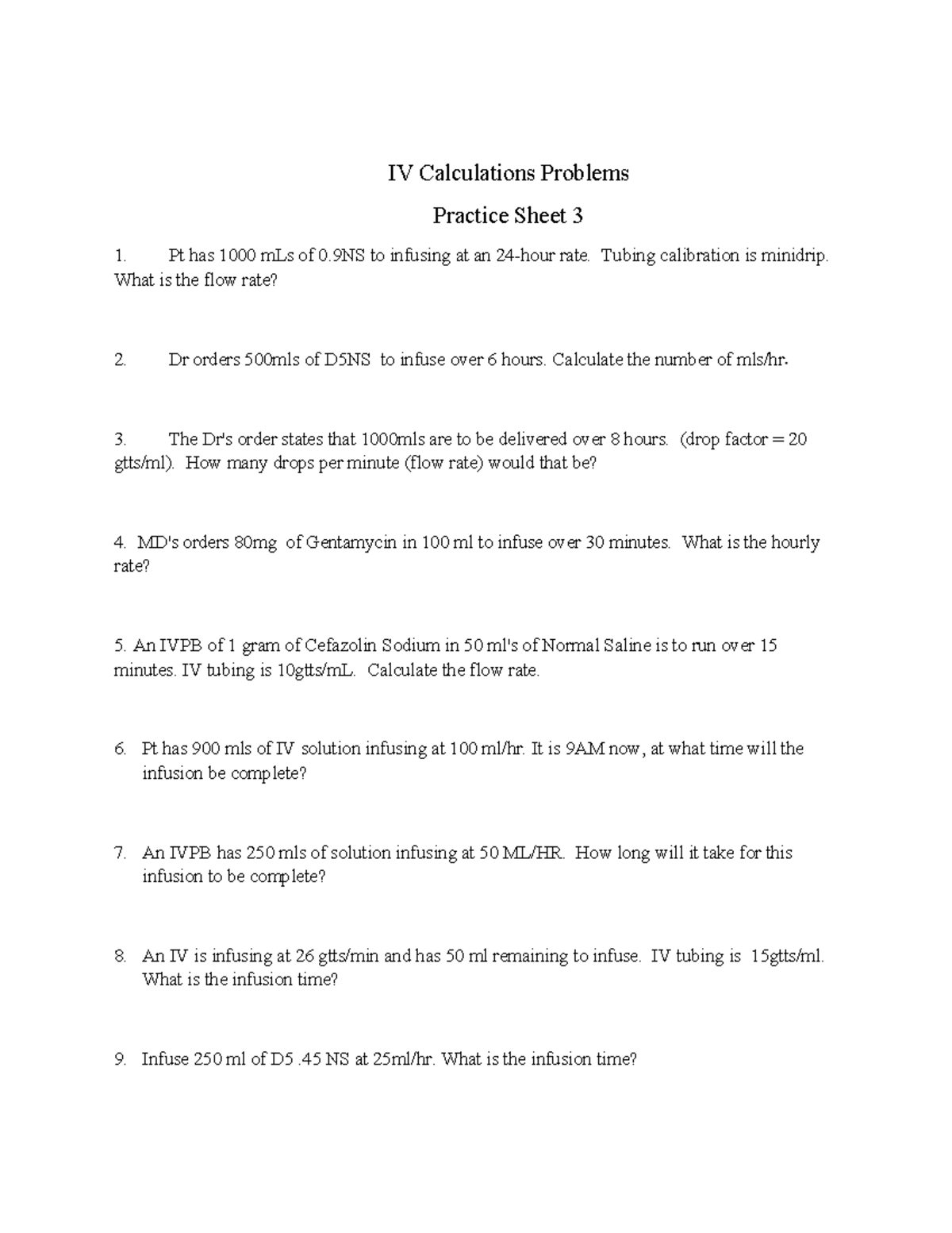 Nur 102 IV Calculations Practice sheet 3 - IV Calculations Problems ...