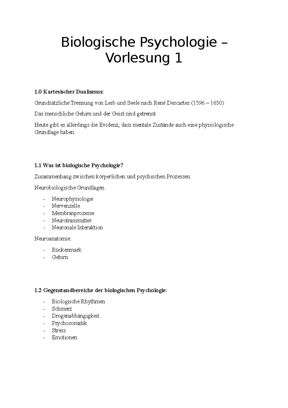 Biologische A&B - Biologische Psychologie – Vorlesung 1 1 Kartesischer ...