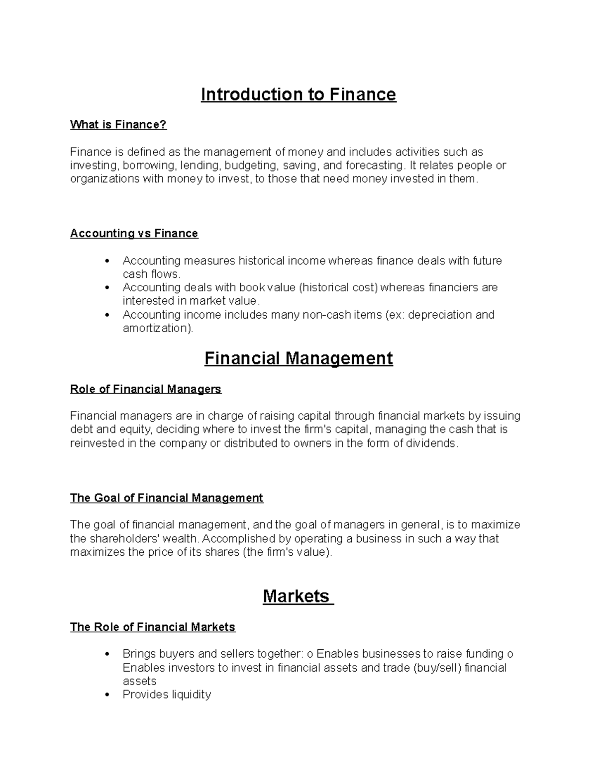 Introduction to Finance - COMM 308 - Concordia - Studocu