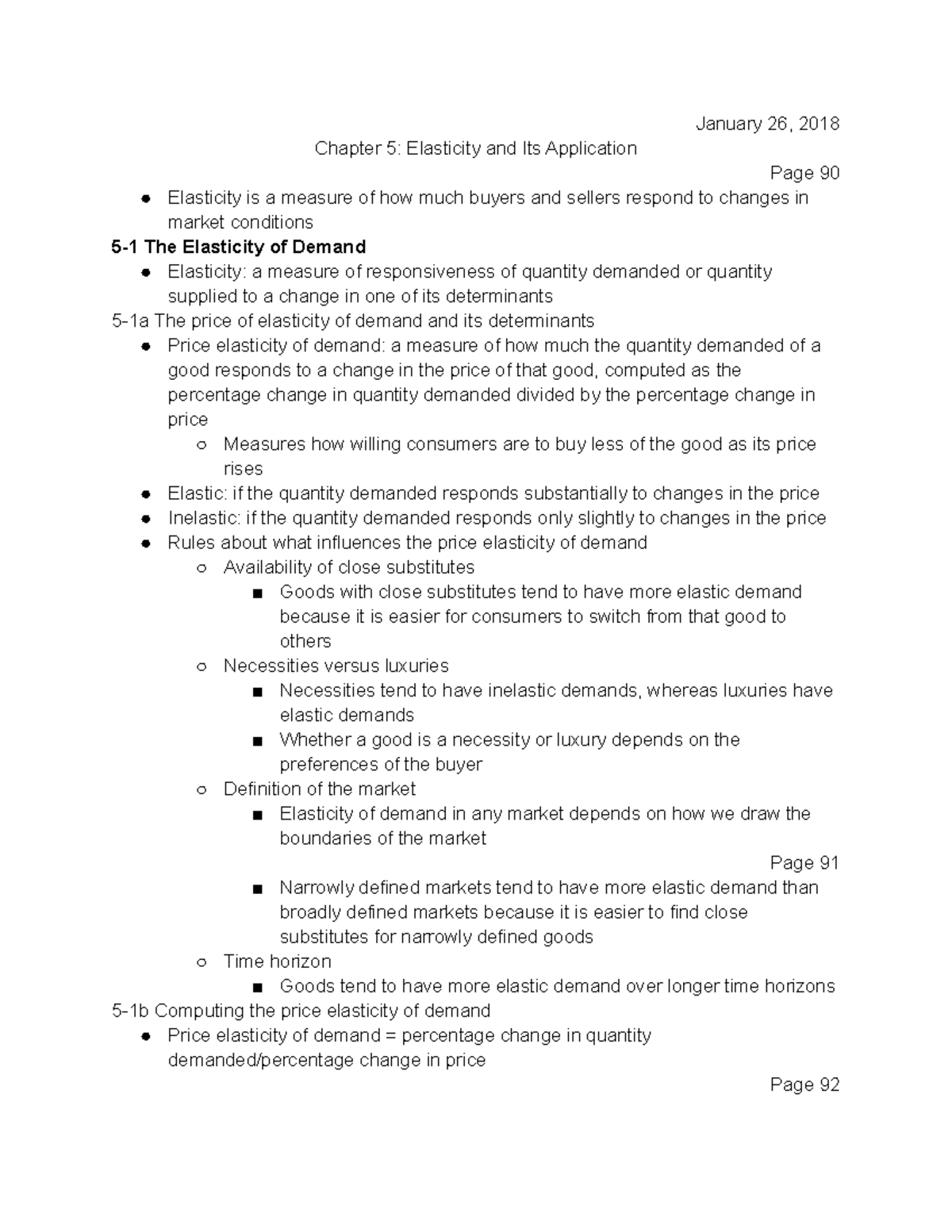 Chapter 5 Notes - January 26, 2018 Chapter 5: Elasticity and Its ...