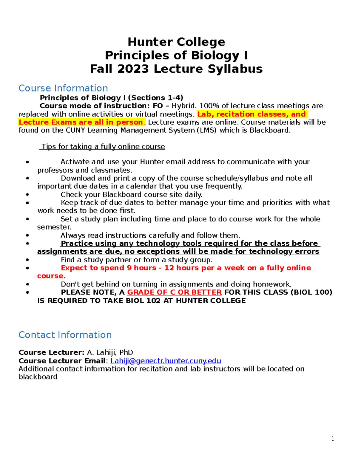 BIOL100 Syllabus FA2023 V3 - Hunter College Principles Of Biology I ...