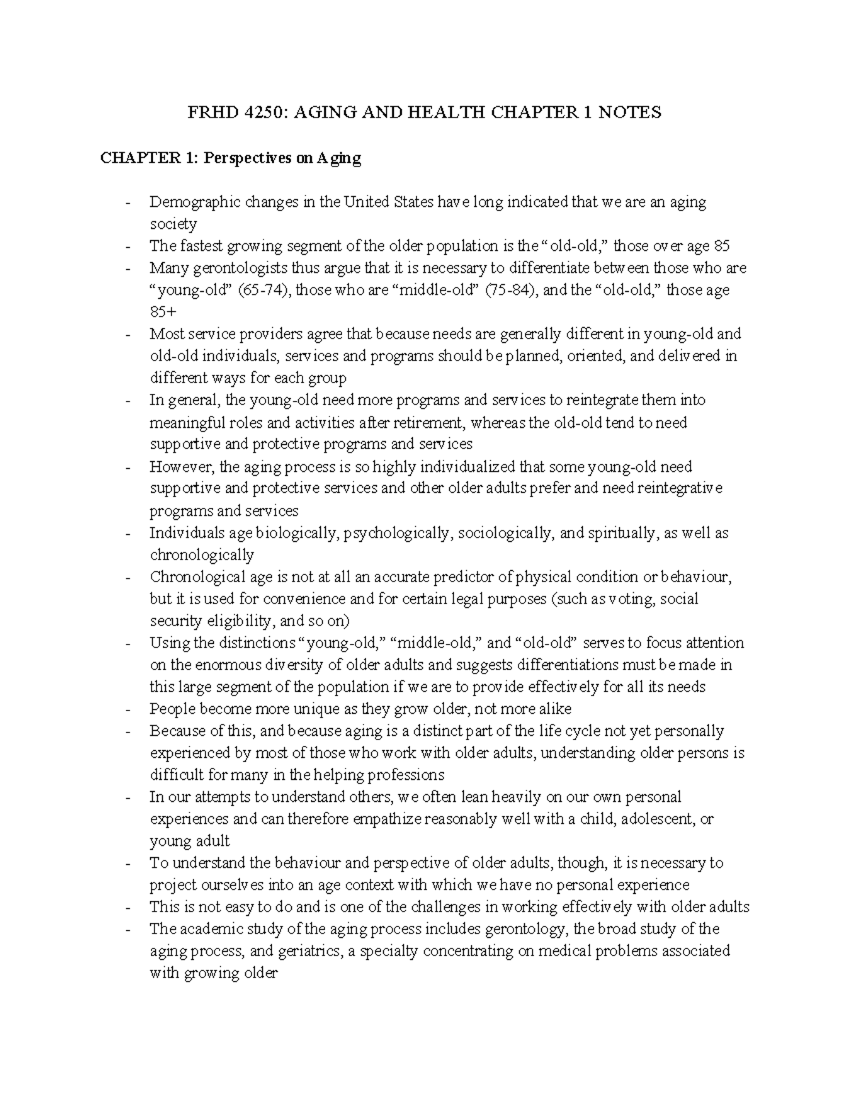 4250 chapter 1 notes - FRHD 4250: AGING AND HEALTH CHAPTER 1 NOTES ...