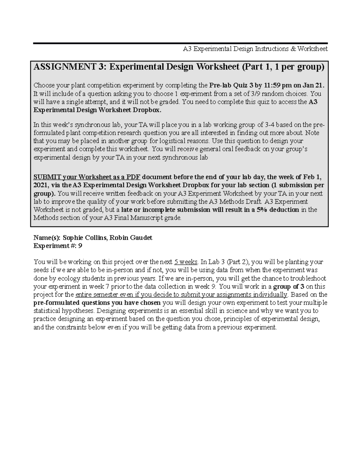 A3 Group 5 Experiment 9 ASSIGNMENT 3 Experimental Design Worksheet a3-group-5-experiment-9-assignment-3-experimental-design-worksheet