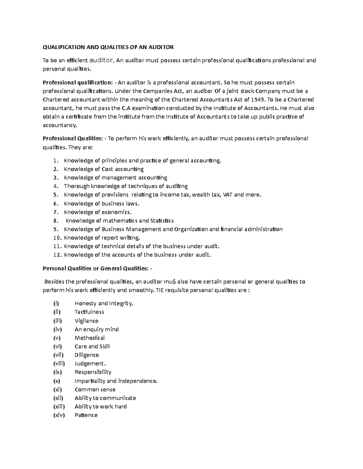 Qualification and qualities of an auditor QUALIFICATION AND QUALITIES