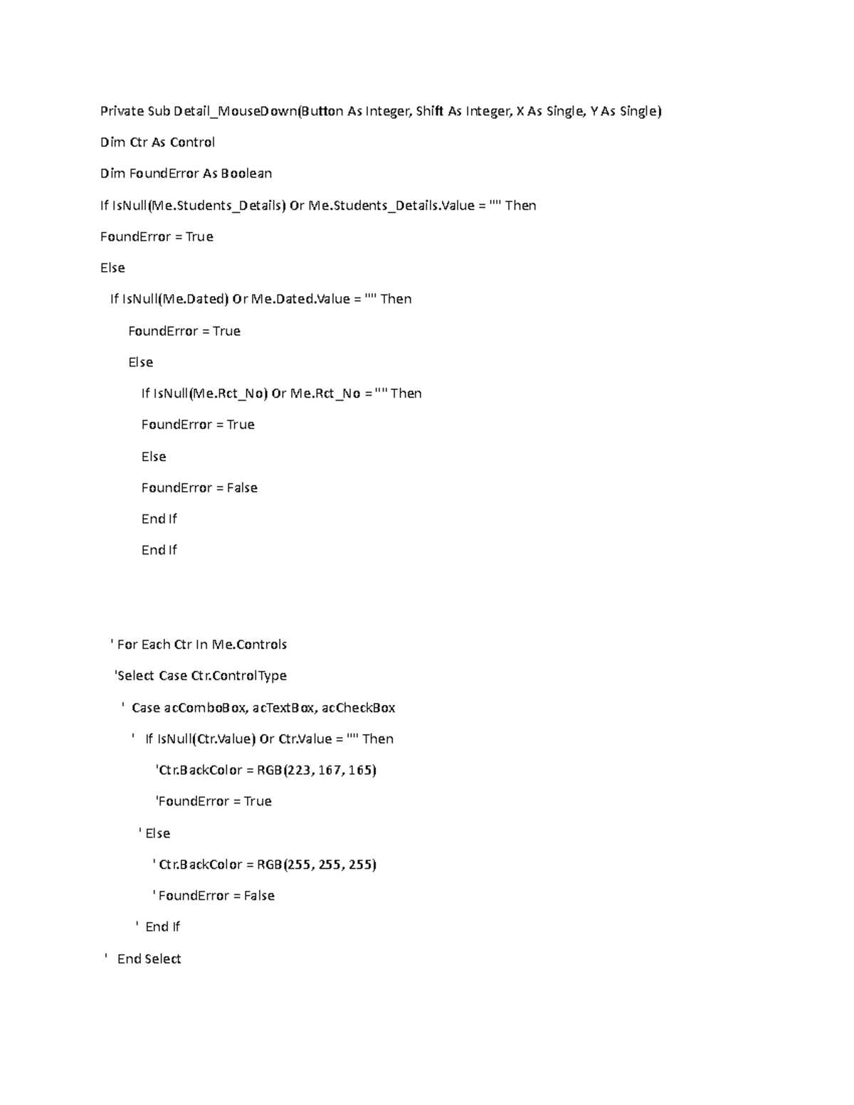 Vba codes private sub detail mousedown button as integer shift as