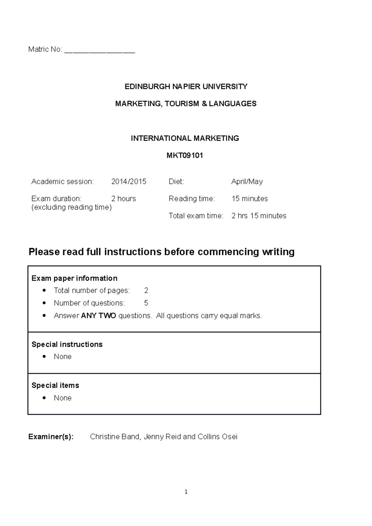 Exam May, questions and answers - Matric No ...