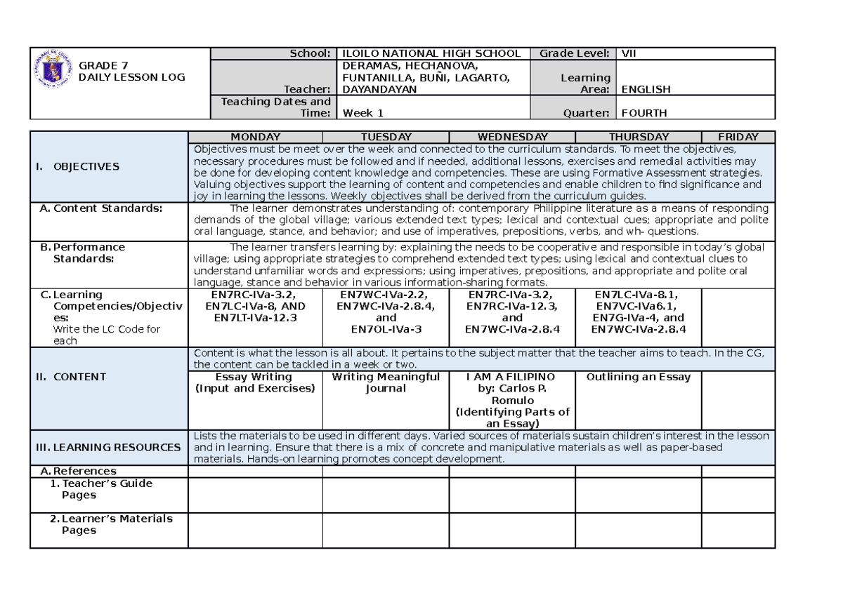 DLL 4th Qrtr Week 1 - HHSHAS - GRADE 7 DAILY LESSON LOG School: ILOILO ...