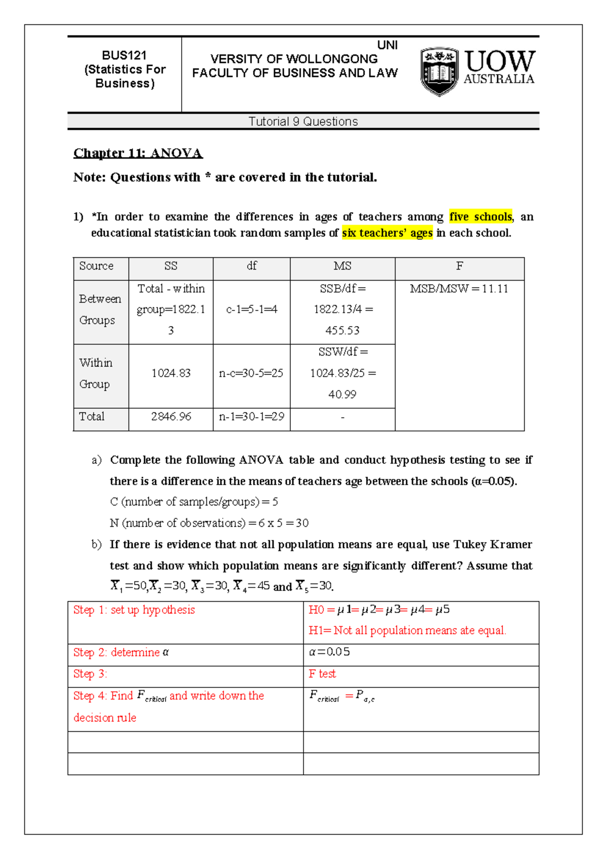 T 09 Questions ch 11 and ch 12 - BUS (Statistics For Business) UNI ...
