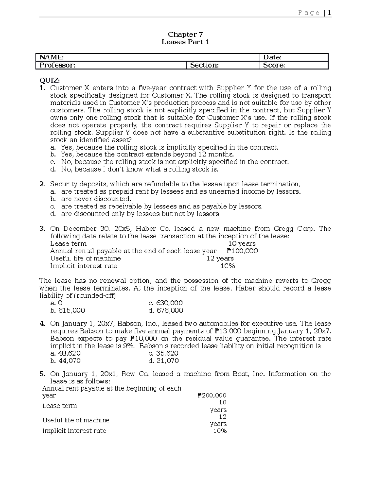 Leases-PART-1 - Lease - P A G E | 1 Chapter 7 Leases Part 1 NAME: Date ...