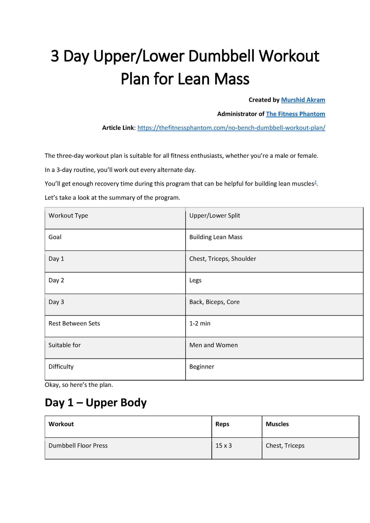 3 Day Upper Lower Dumbbell Workout Plan for Lean Mass - 3 Day Upper ...