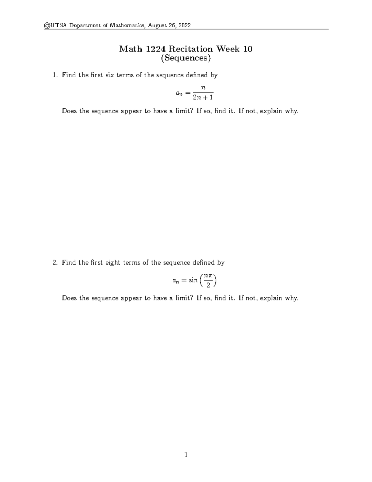 Week 10 Sequences Notes Math 1224 Recitation Week 10 Sequences