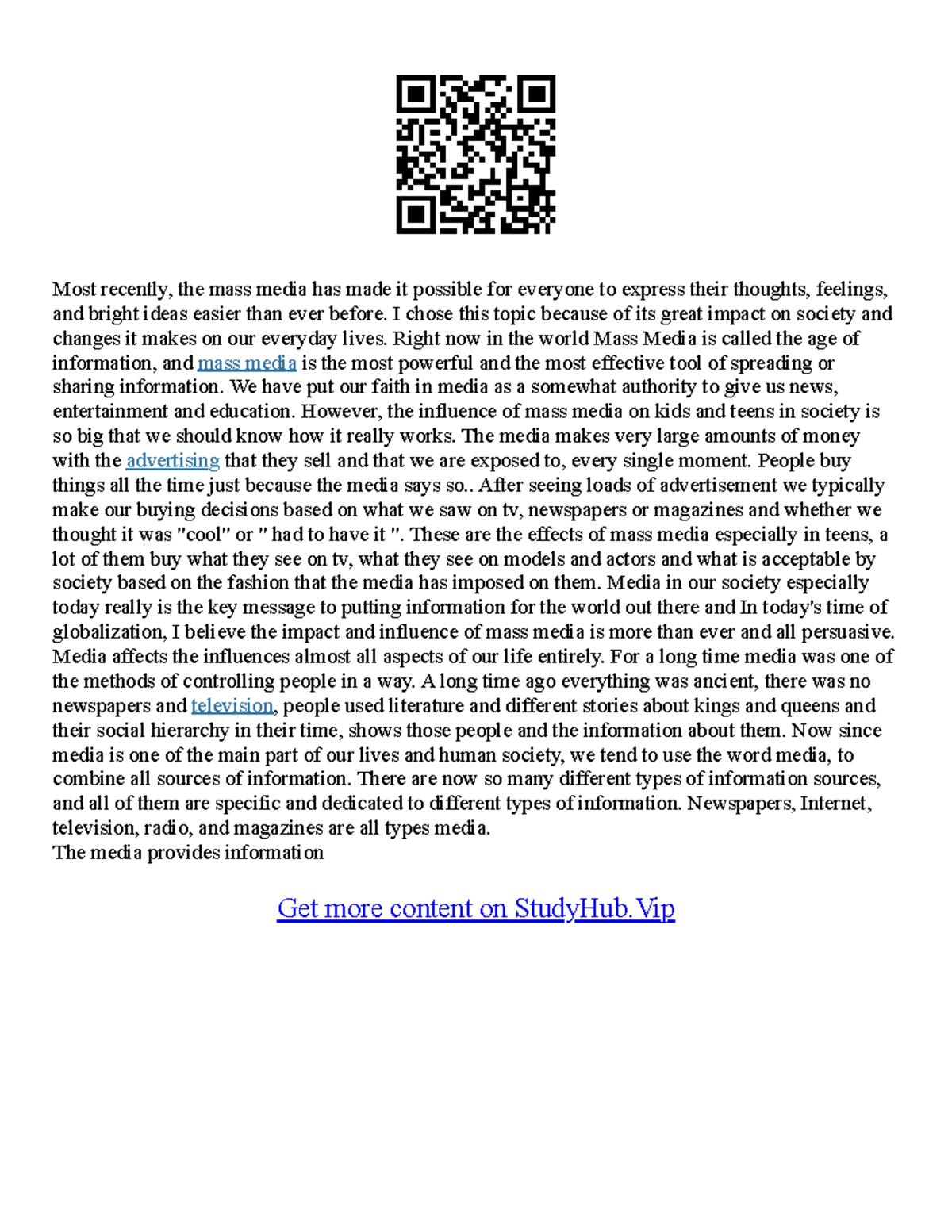 influence of mass media on students essay pdf