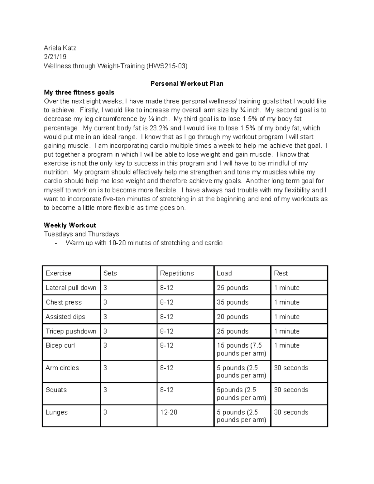 Personal workout program Ariela Katz 2/21/ Wellness through Weight