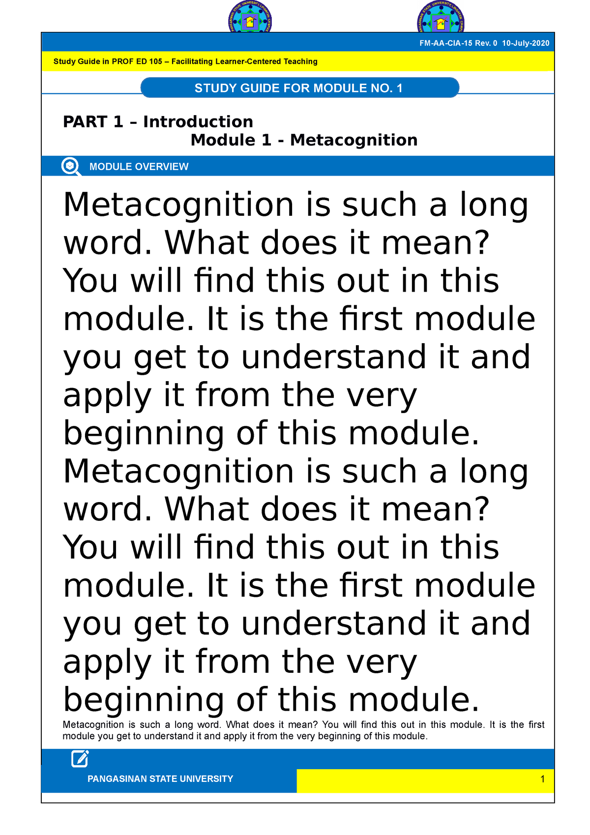 Prof Ed 105 SG Module 1 - Metacognition - PART 1 – Introduction Module ...