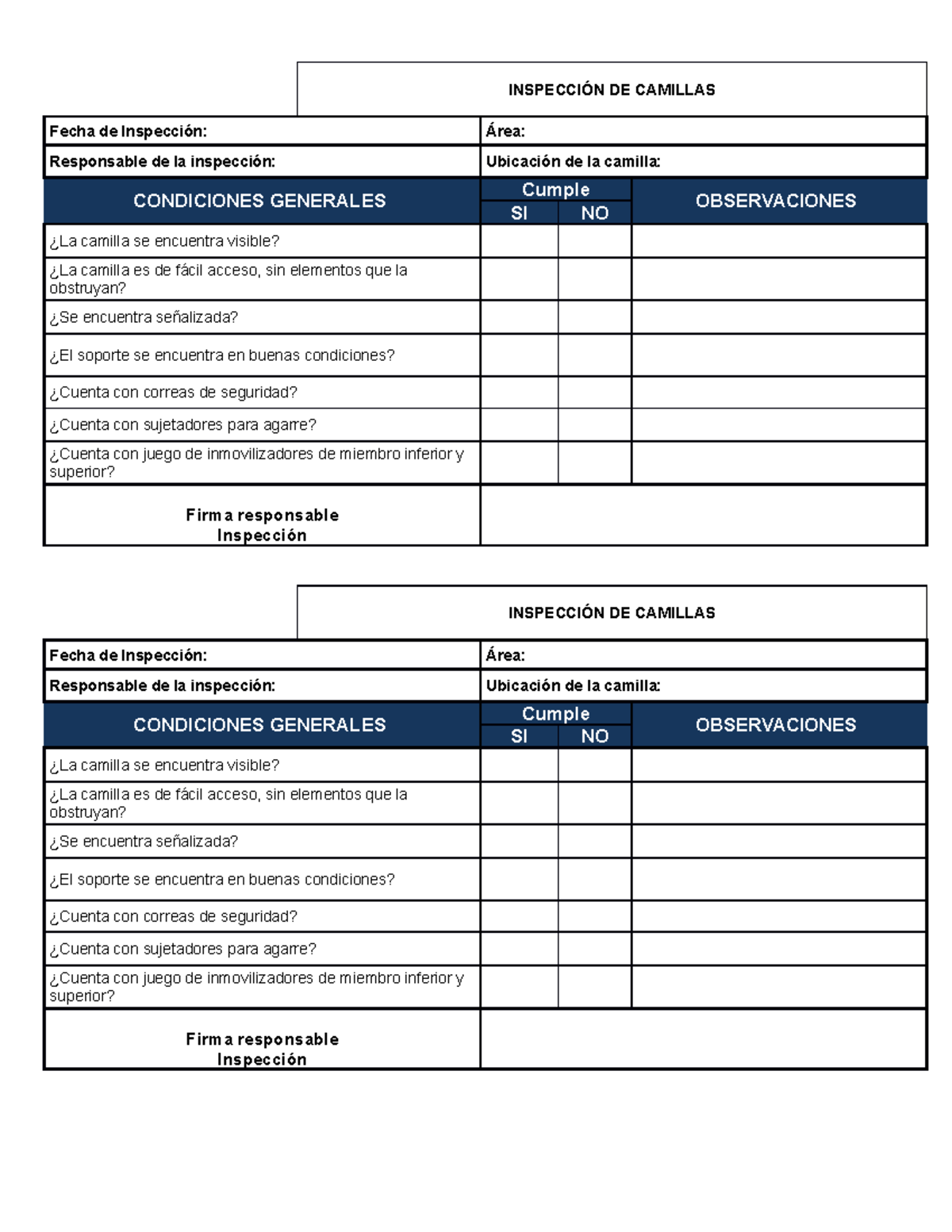 Formato De Inspección Camillas - Copia - INSPECCIÓN DE CAMILLAS Fecha ...