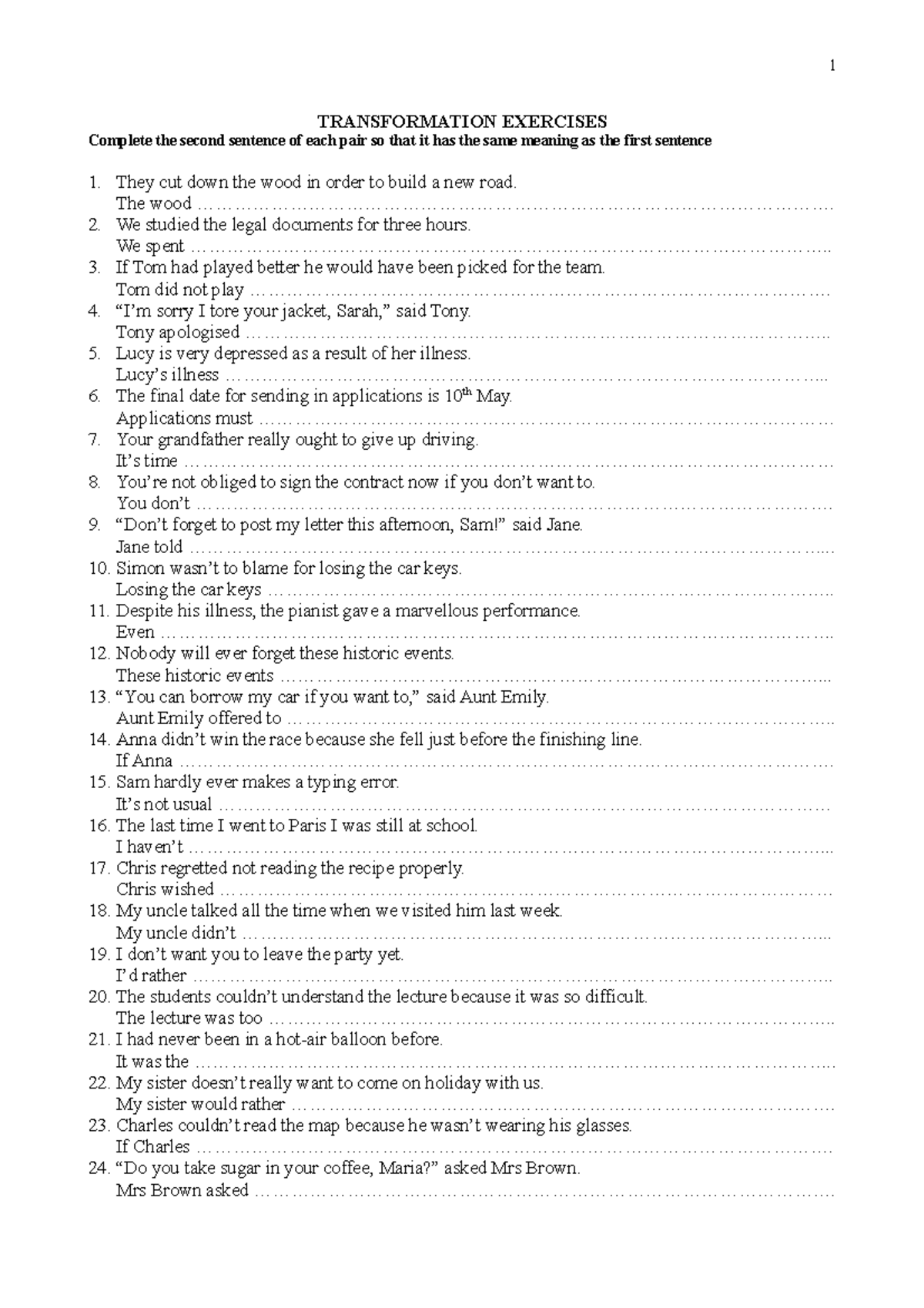 Transformation Exercises For B2 TRANSFORMATION EXERCISES Complete The 
