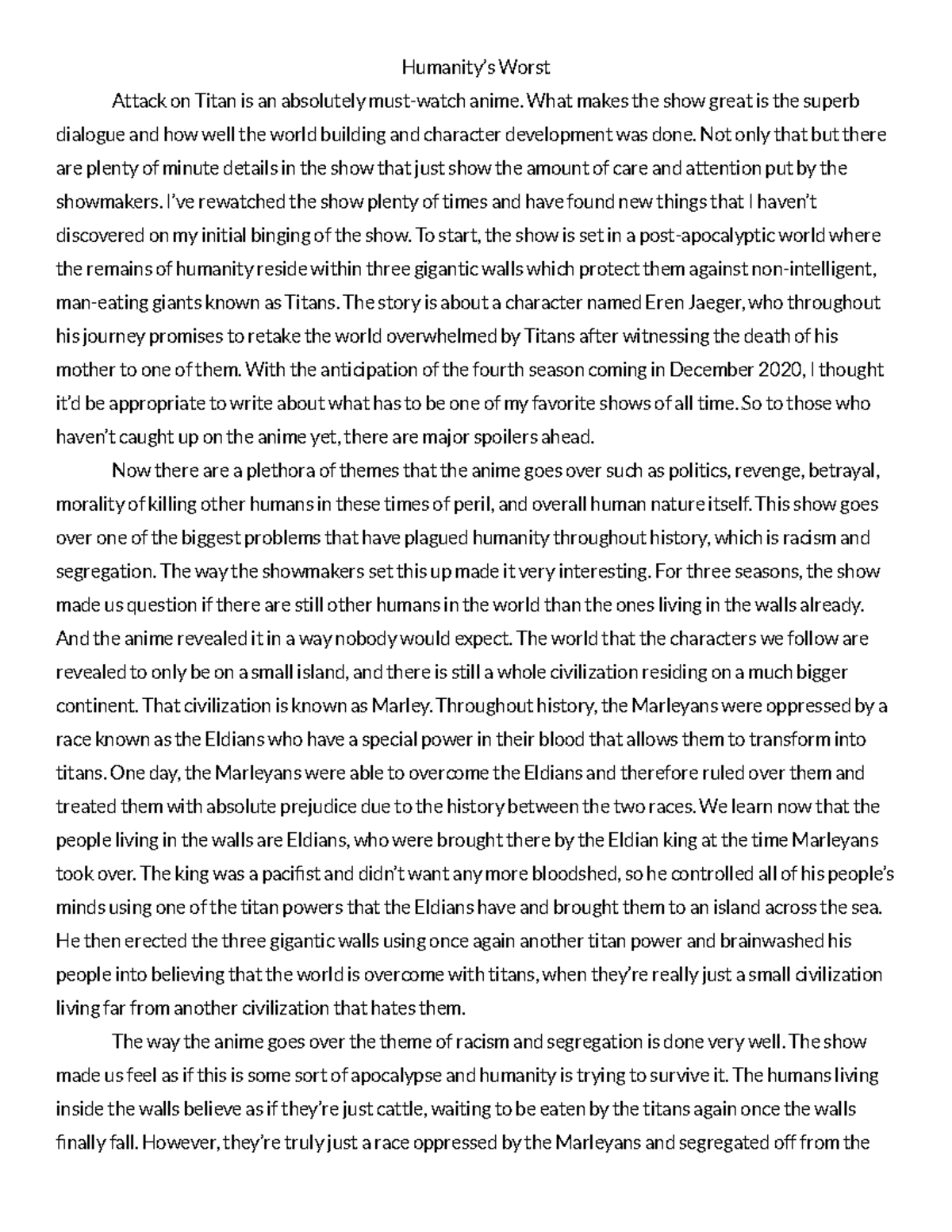 Creative Writing Draft - Humanity’s Worst Attack on Titan is an ...