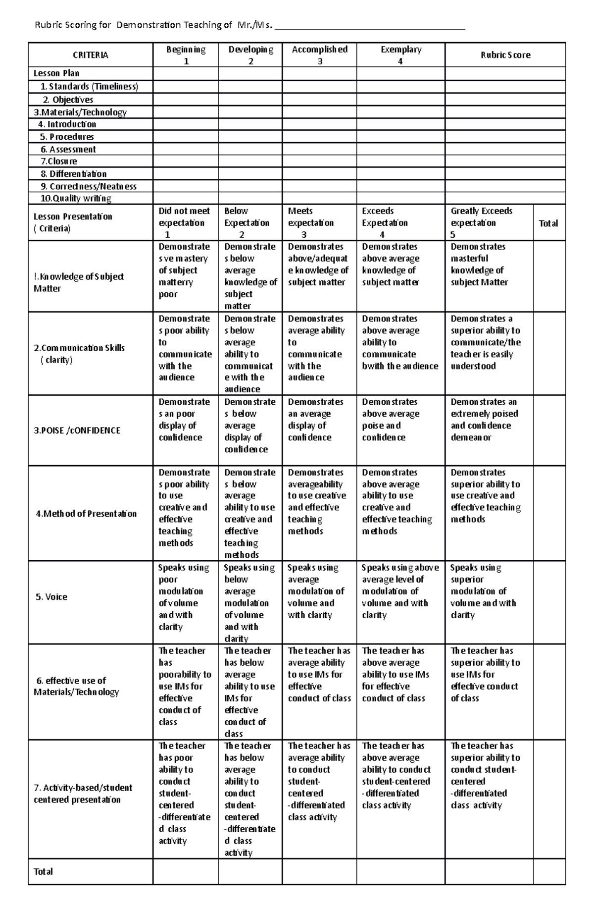 383840906 Rubric Scoring for Demonstration Teaching and LP - Rubric ...