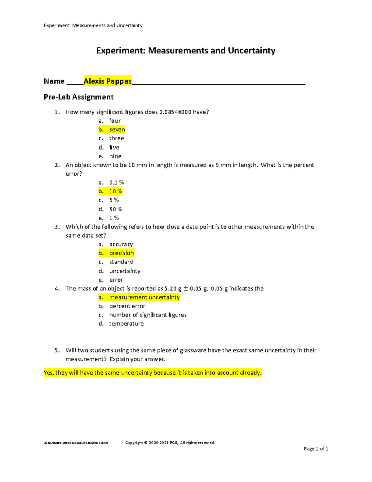 Measurement PreLab Assignment Experiment Measurements and
