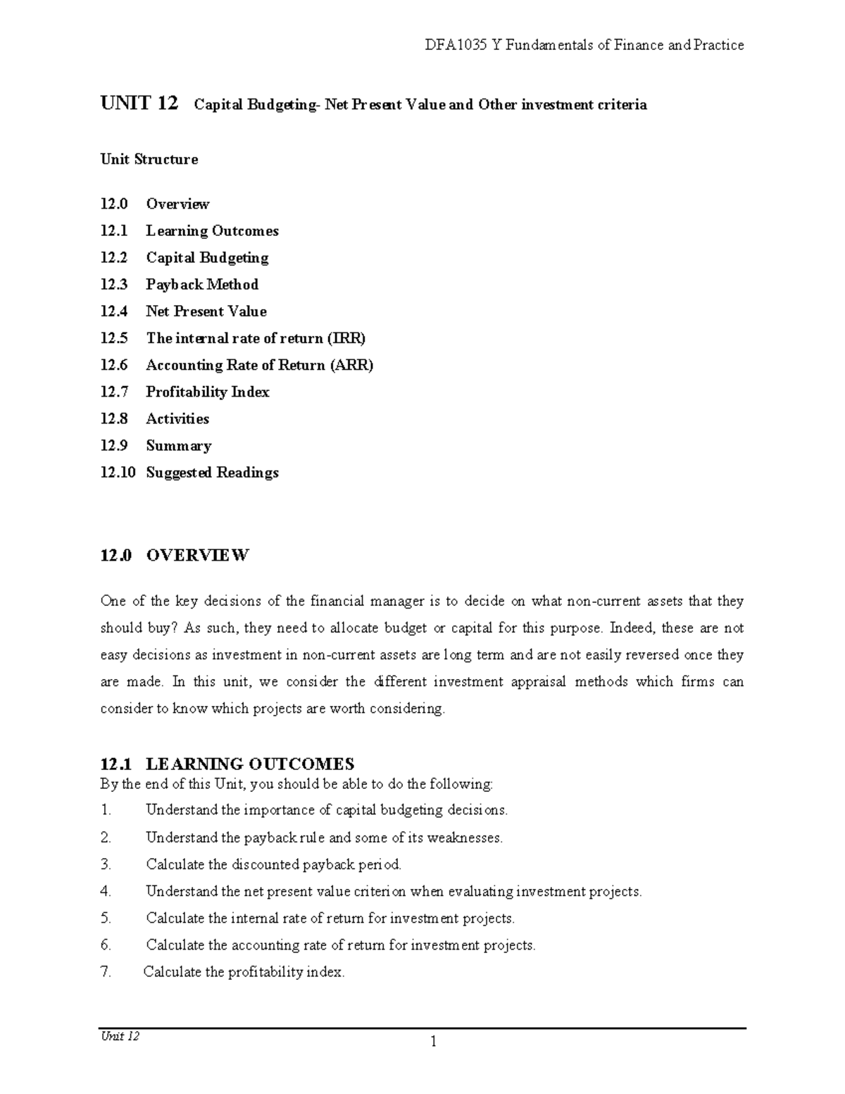 Unit 12 - notes ftp - UNIT 12 Capital Budgeting- Net Present Value and ...