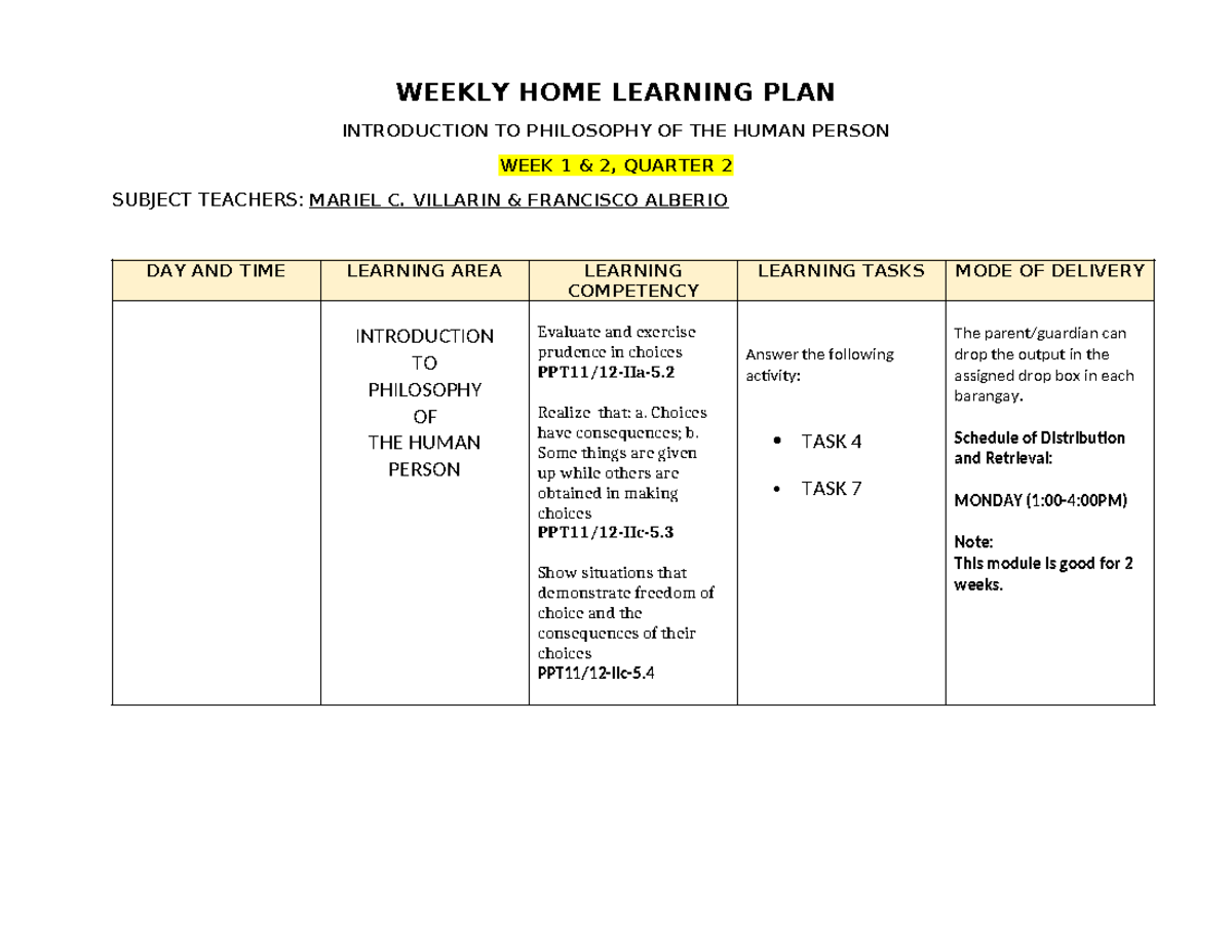 WHLP Q2 WEEK 1 2 - Lesson Planning - WEEKLY HOME LEARNING PLAN ...