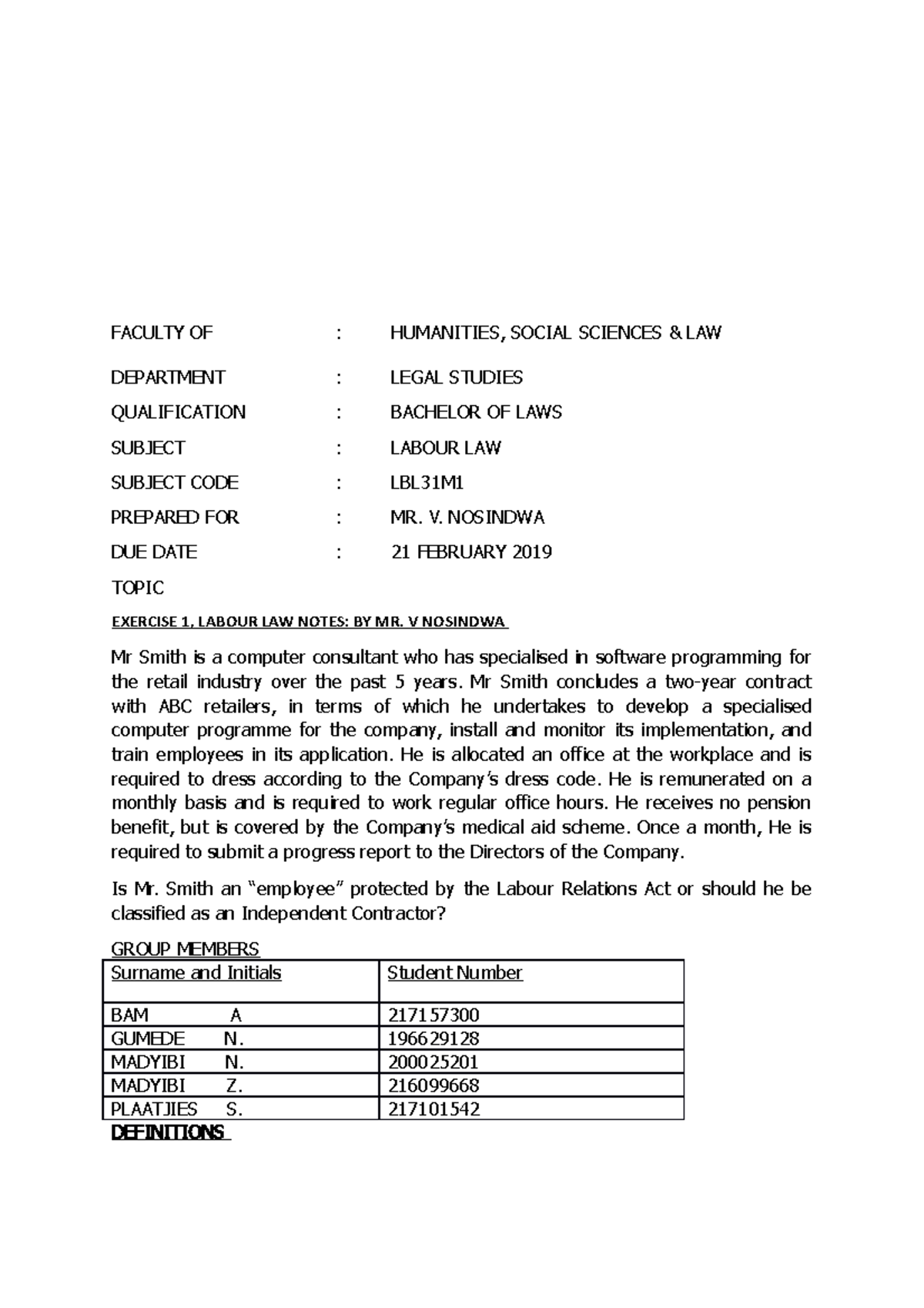 Labour Law group task - FACULTY OF : HUMANITIES, SOCIAL SCIENCES & LAW ...