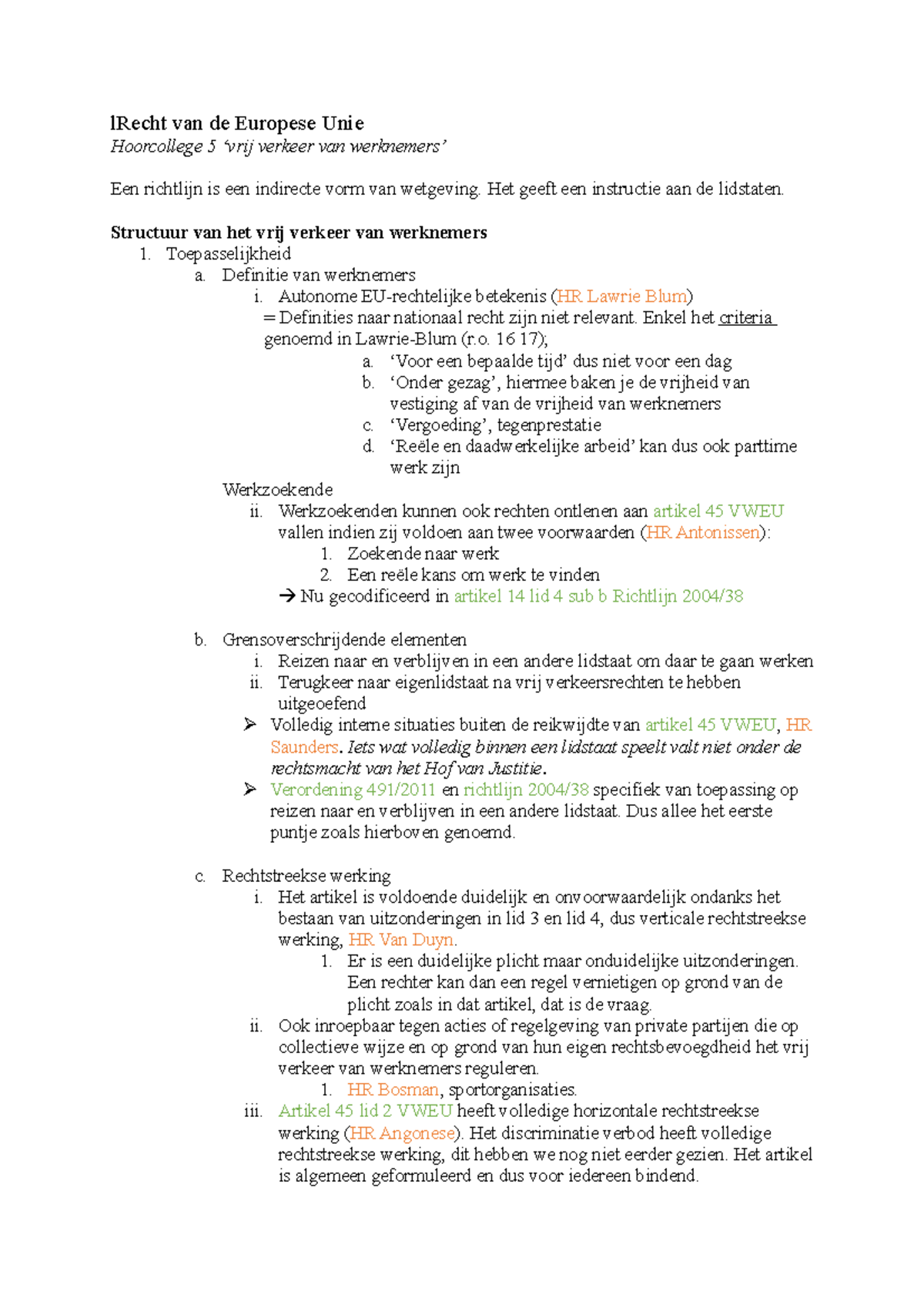 Recht Van De EU 5 - Hoorcollege Over Het Vrij Verkeer Van Werknemers ...