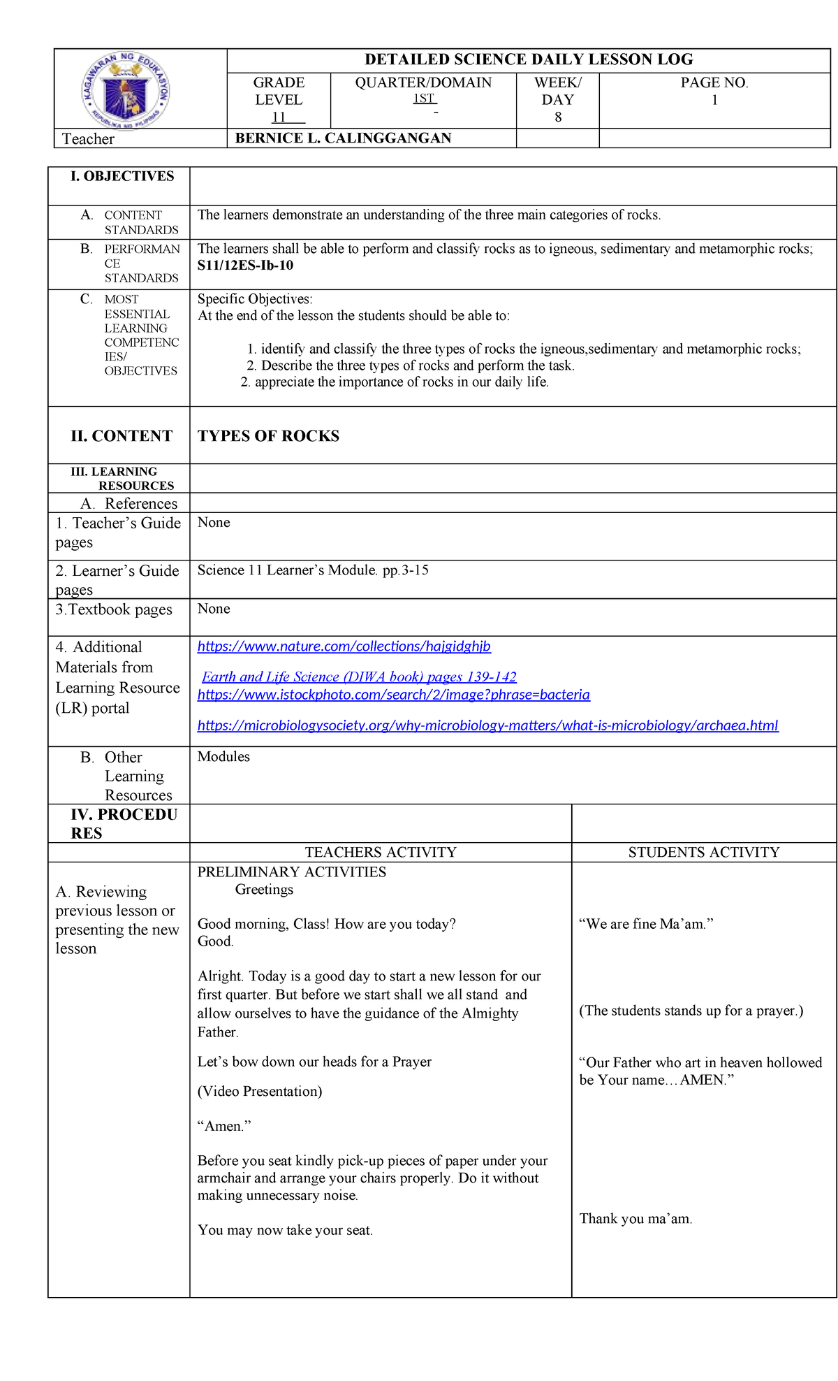 Detailed Lesson PLAN- Earth&LIFE- Types OF ROCK - GRADE LEVEL 11 ...