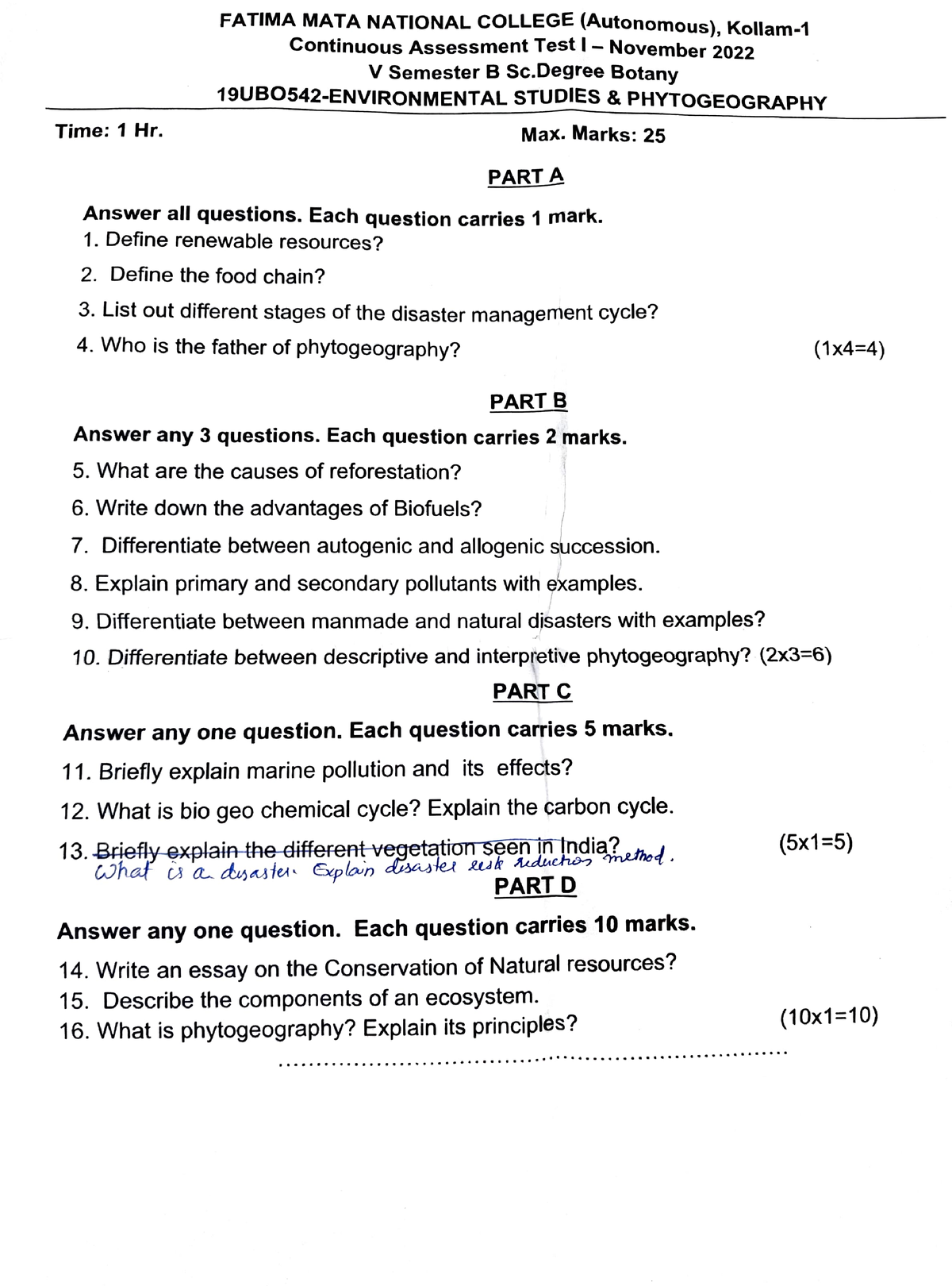 Botany Question paper - FATIMA MATA NATIONAL cOLLEGE (Autonomous ...