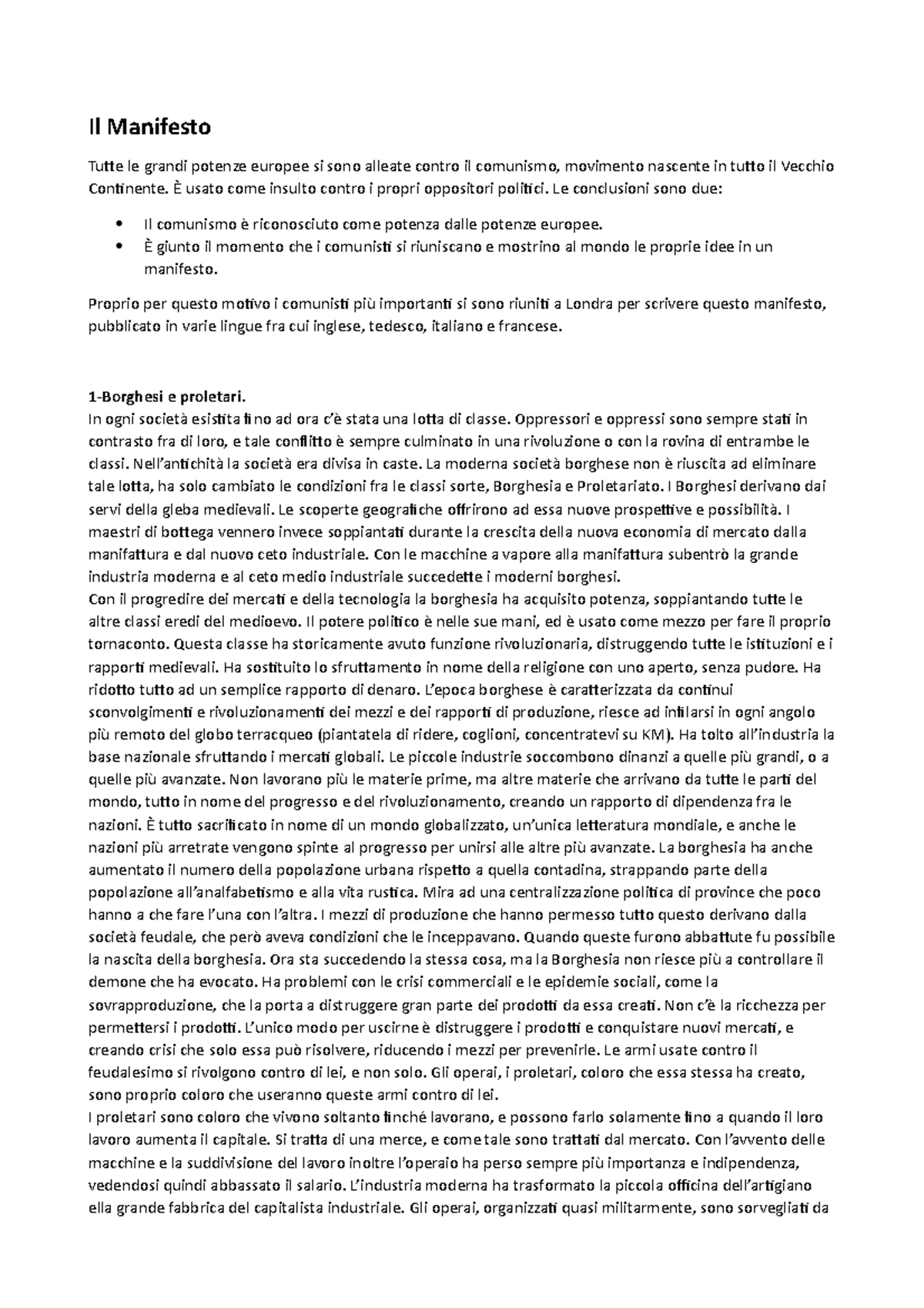 Il Manifesto del partito ComunistaRiassunto Il Manifesto Tutte le grandi potenze europee si