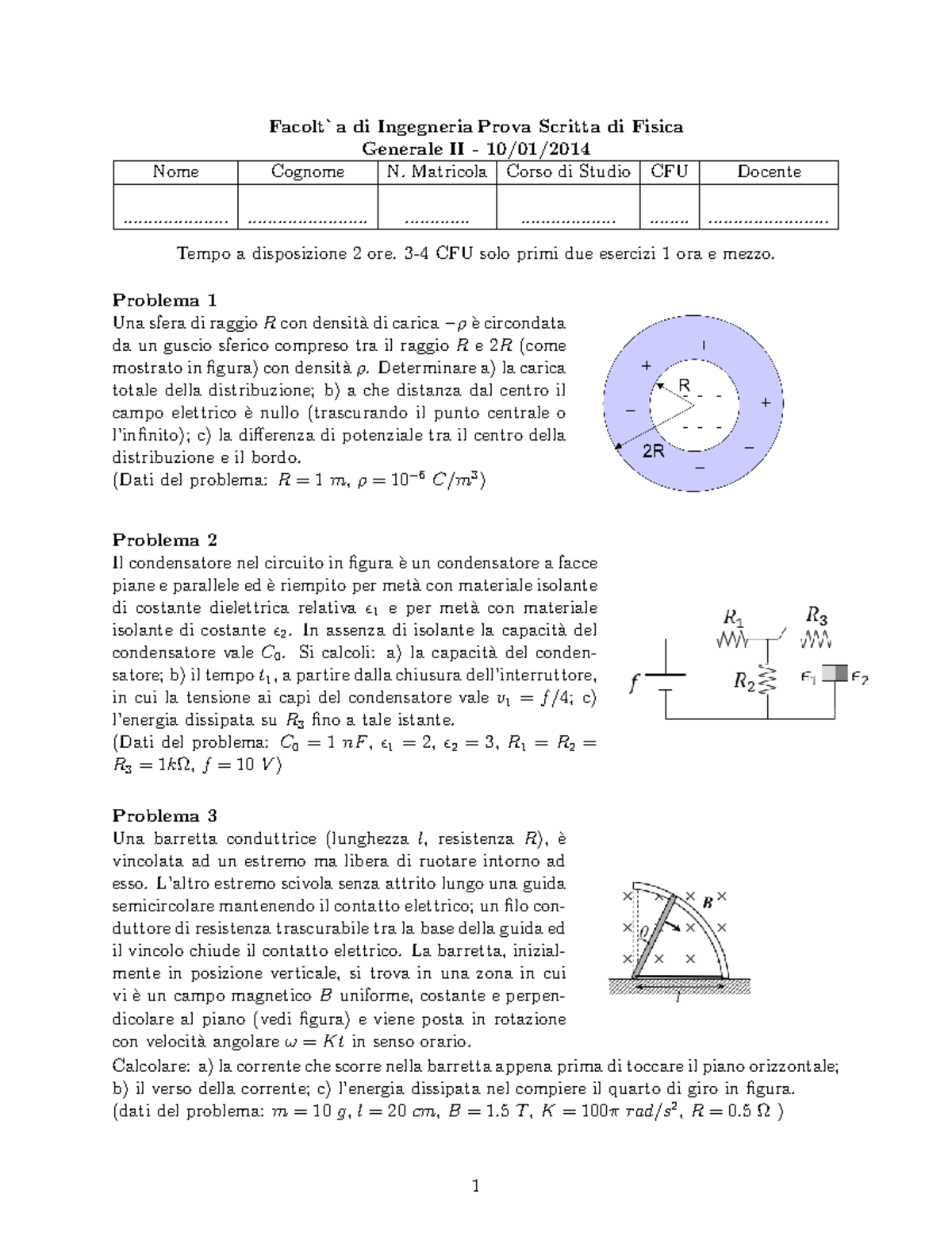 Compito 10 01 2014 V2 - Appello Svolto Di Fisica Generale 2, Esame ...