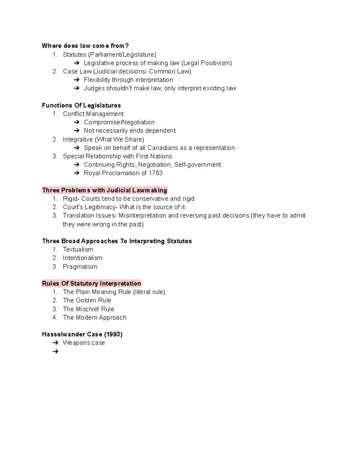 Law Week 9 Notes - Where does law come from? 1. Statutes (Parliament ...