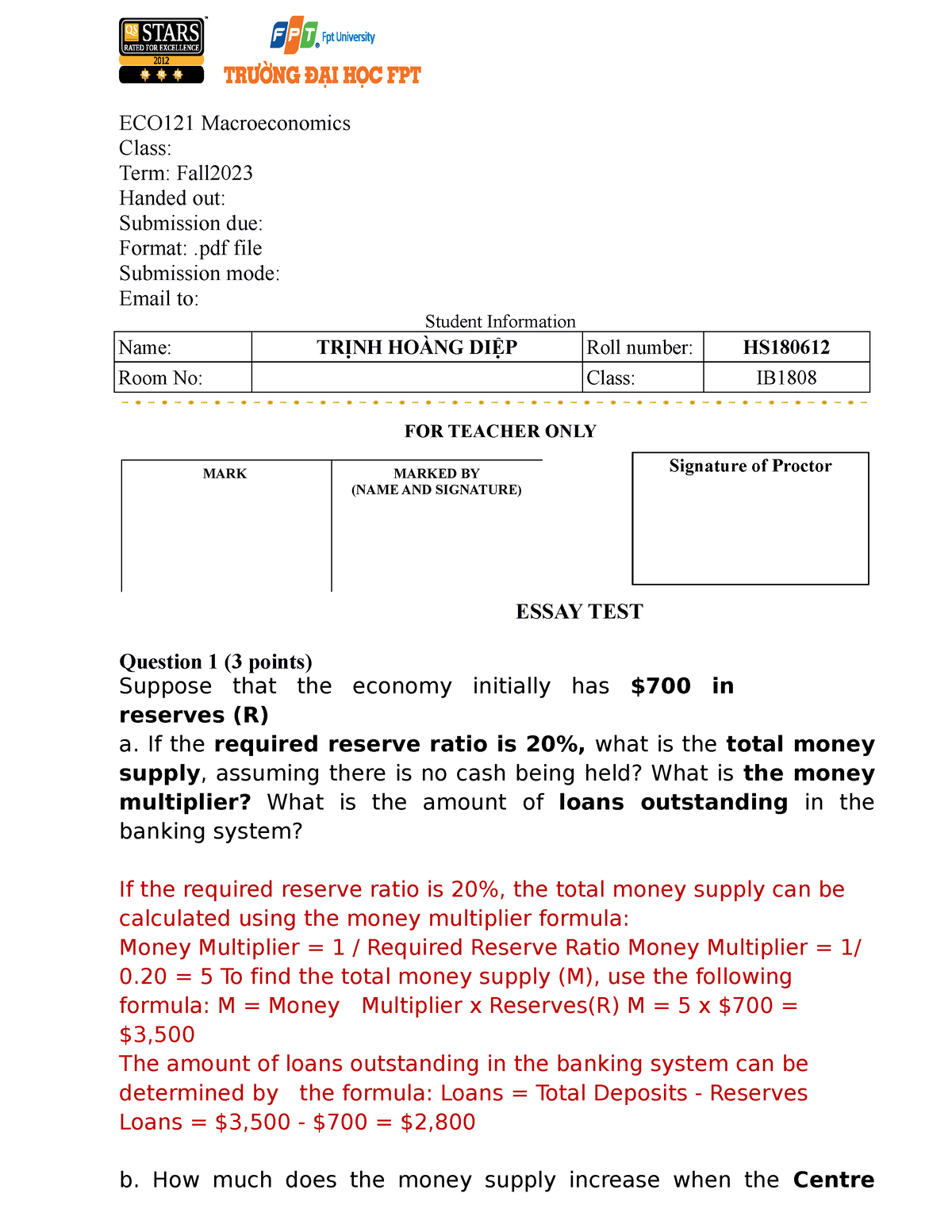 ECO121 Esay-test Fall2023 - ECO121 Macroeconomics Class: Term: Fall ...