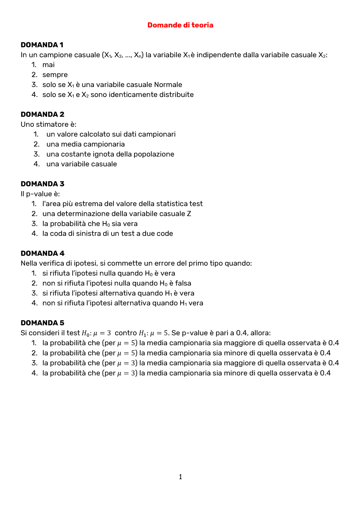 5 Domande Teoria Inferenza 1 Domande Di Teoria Domanda 1 In Un Campione Casuale X 1 X 2 2825