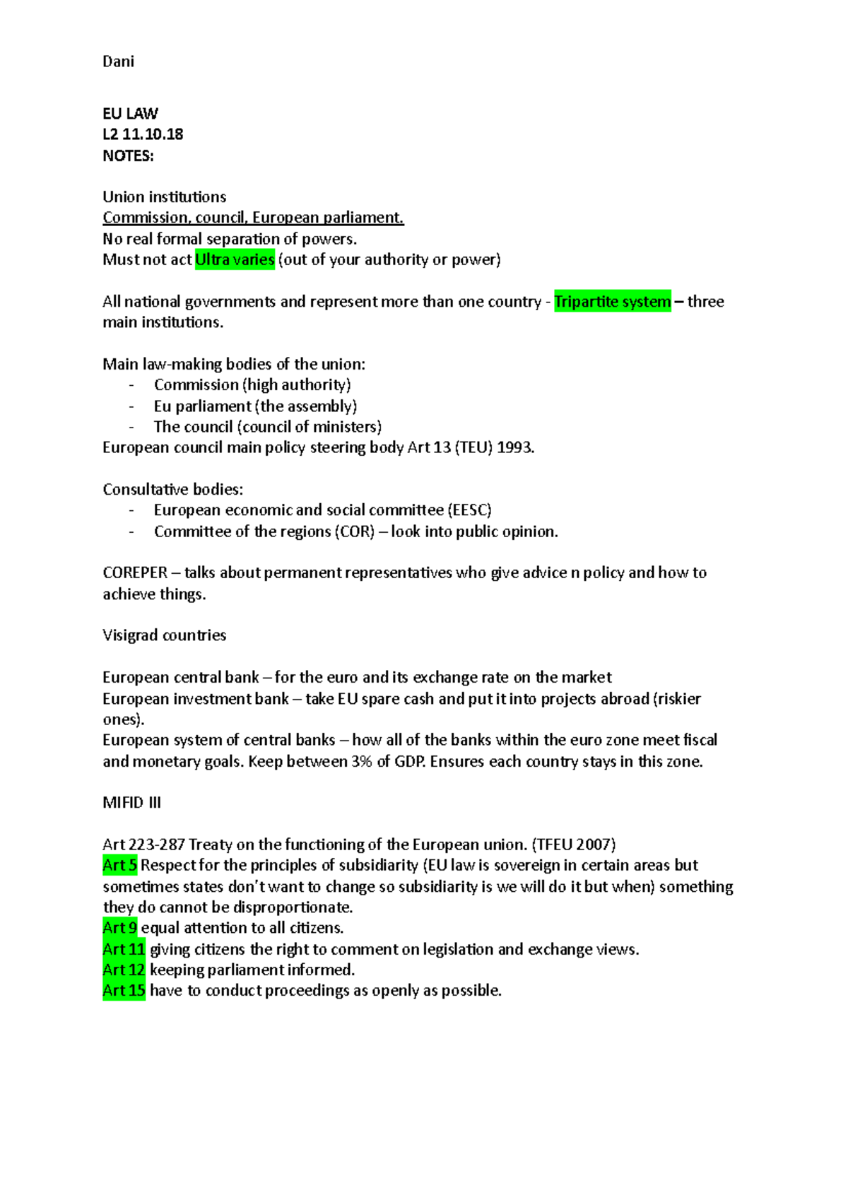 EU LAW - notes - EU LAW L2 11. NOTES: Union institutions Commission ...
