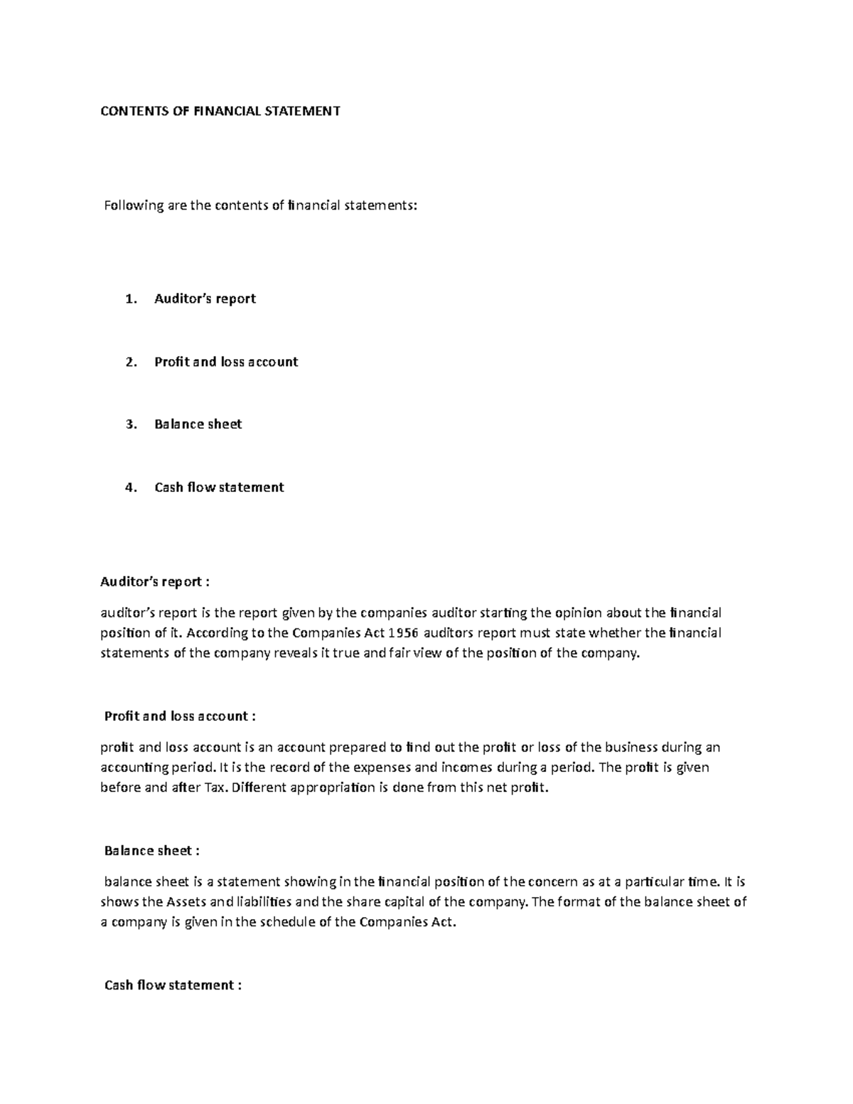 Contents of financial statements - CONTENTS OF FINANCIAL STATEMENT ...