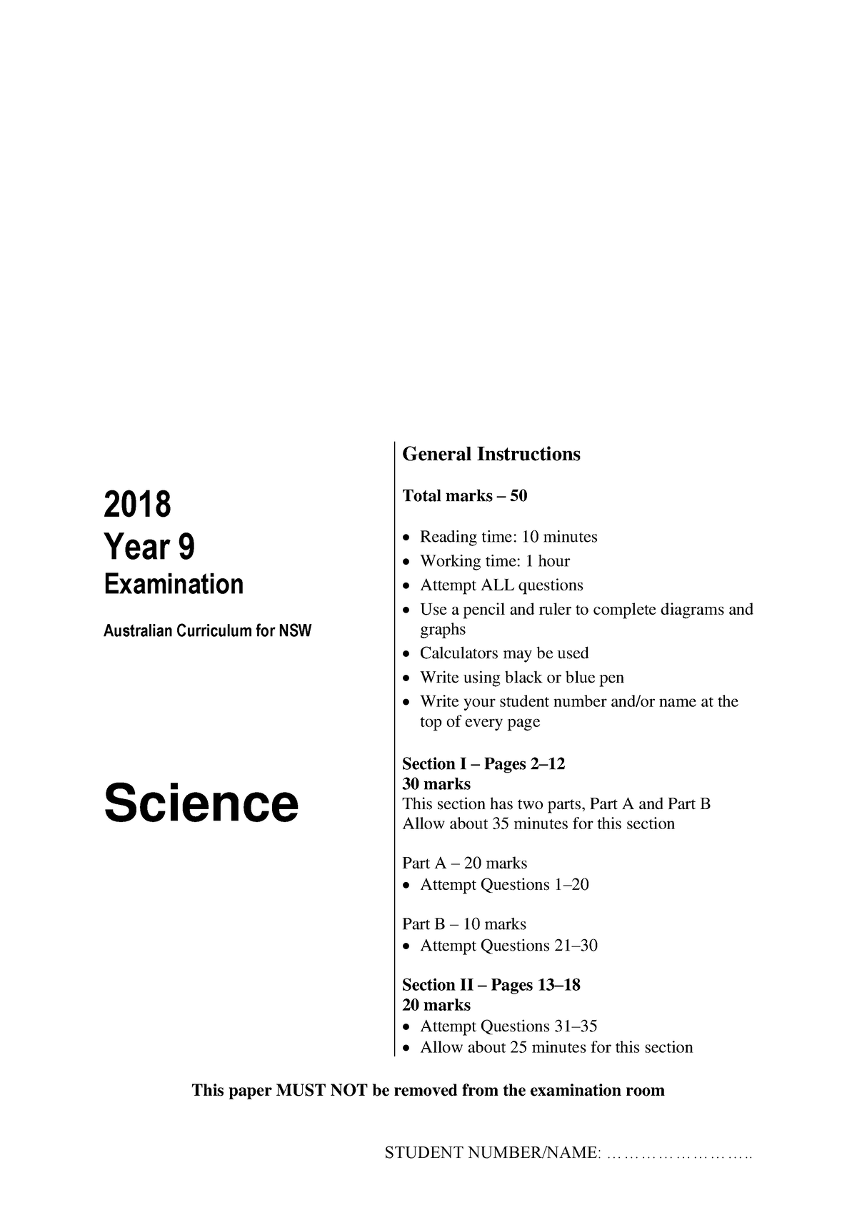 2018 9 Final Science Examination IND - STUDENT NUMBER/NAME ...