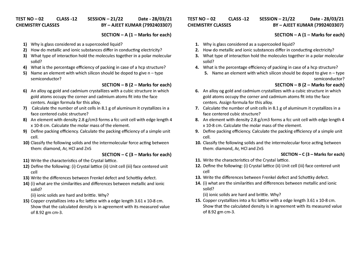 Solid state test no 02 assignment TEST NO 02 CLASS 12 SESSION