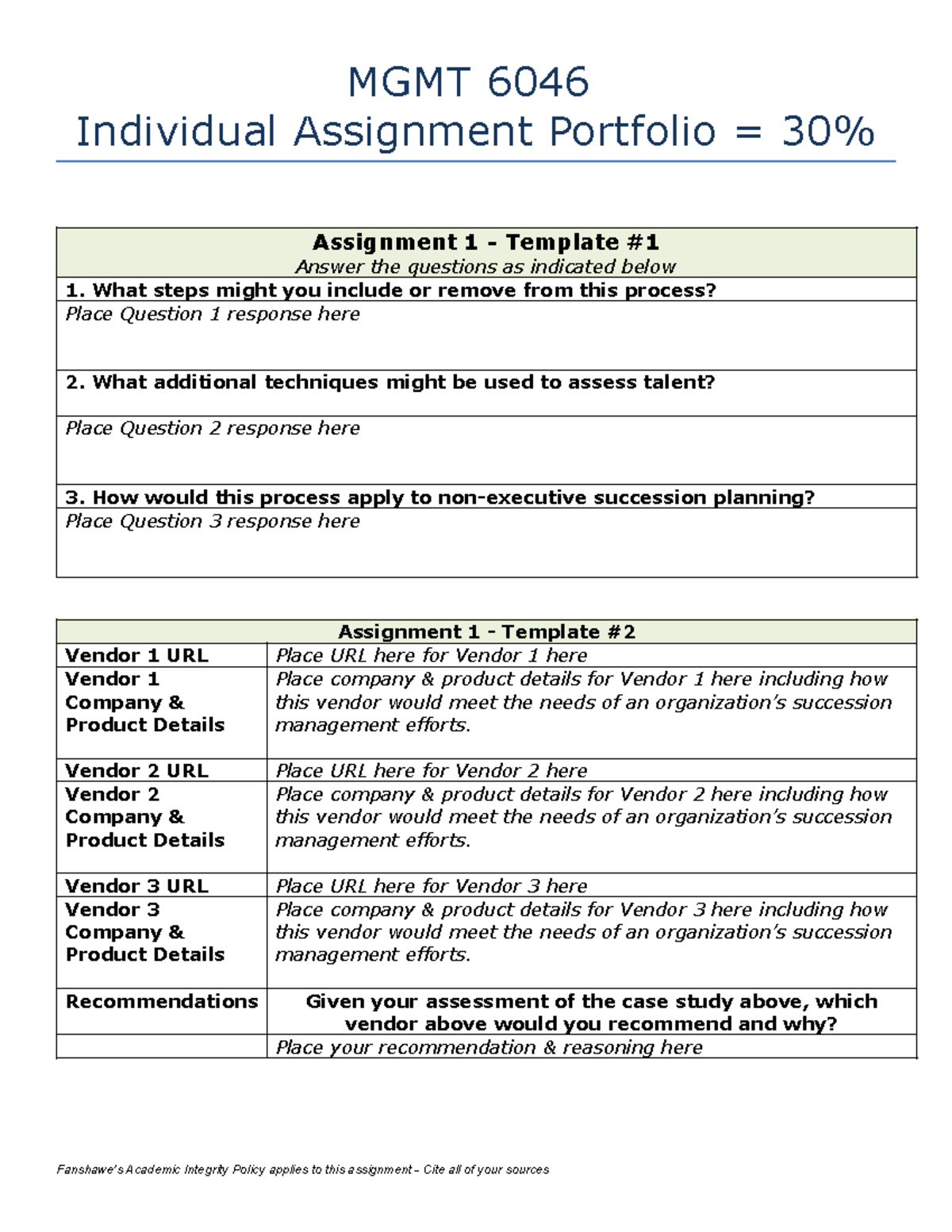 Individual Assignment Portfolio Templates - MGMT 6046 Individual ...