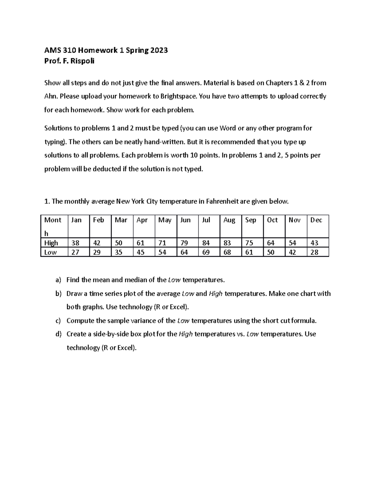 AMS 310 Spring 2023 HW 1 (3) - AMS 310 Homework 1 Spring 2023 Prof. F ...